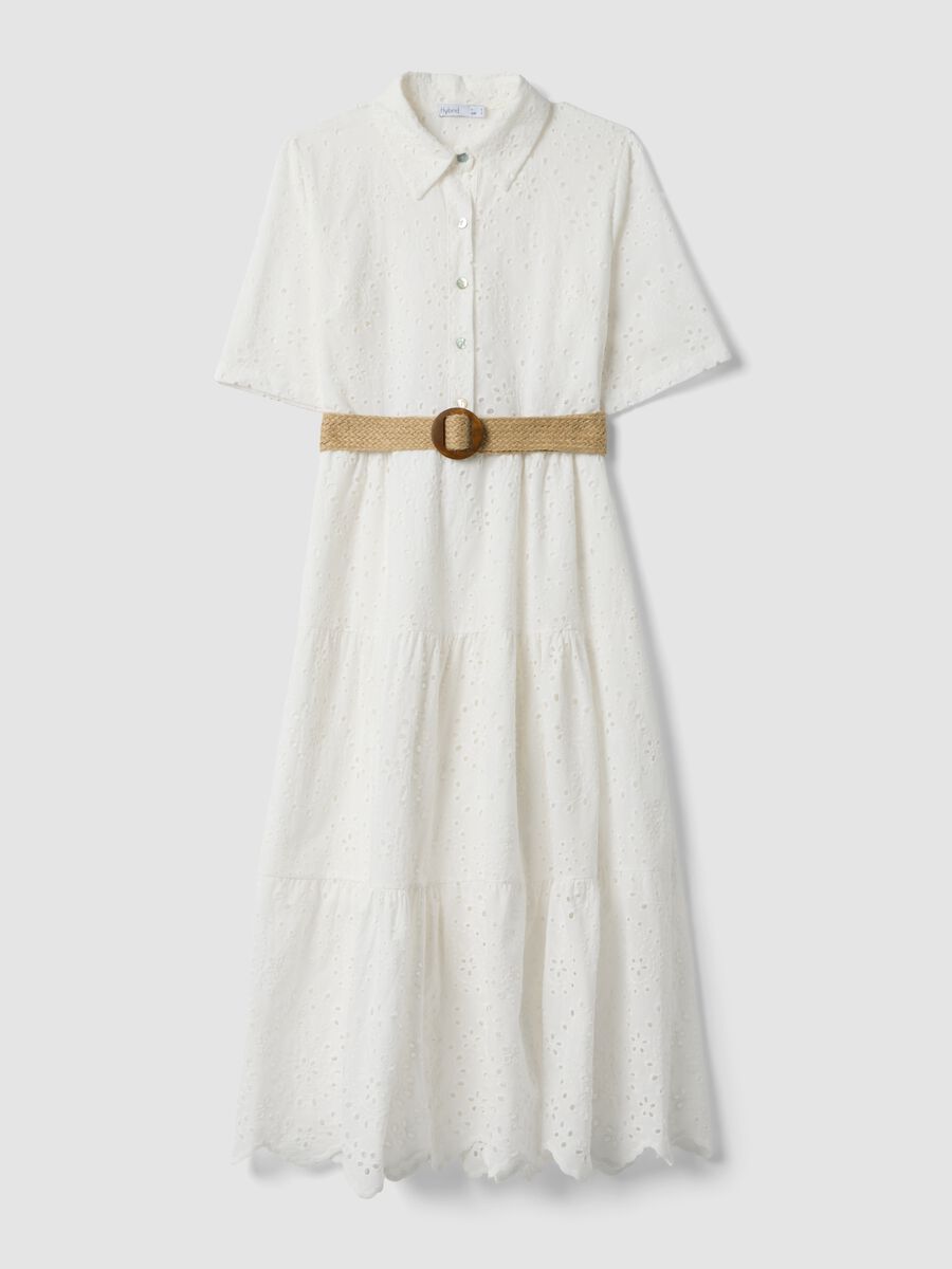 White midi broderie cotton dress with braided belt_4