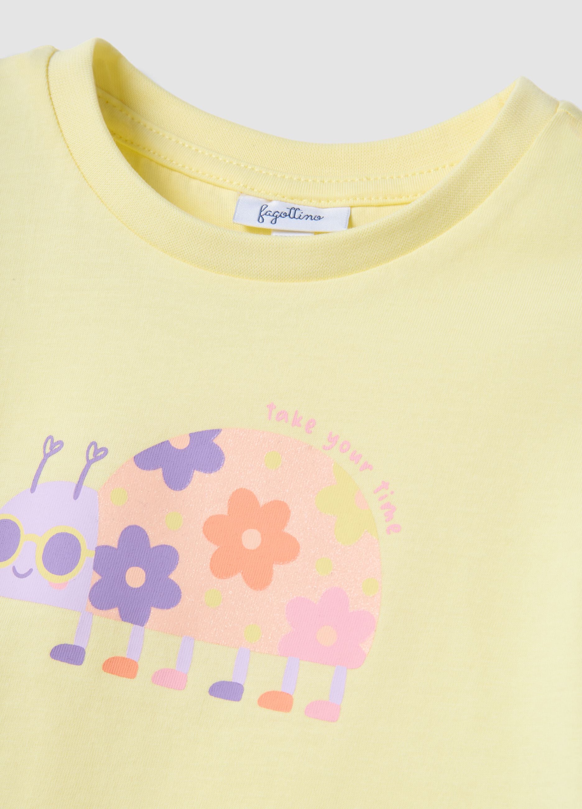 Yellow pure cotton girl's T-shirt, regular fit with print