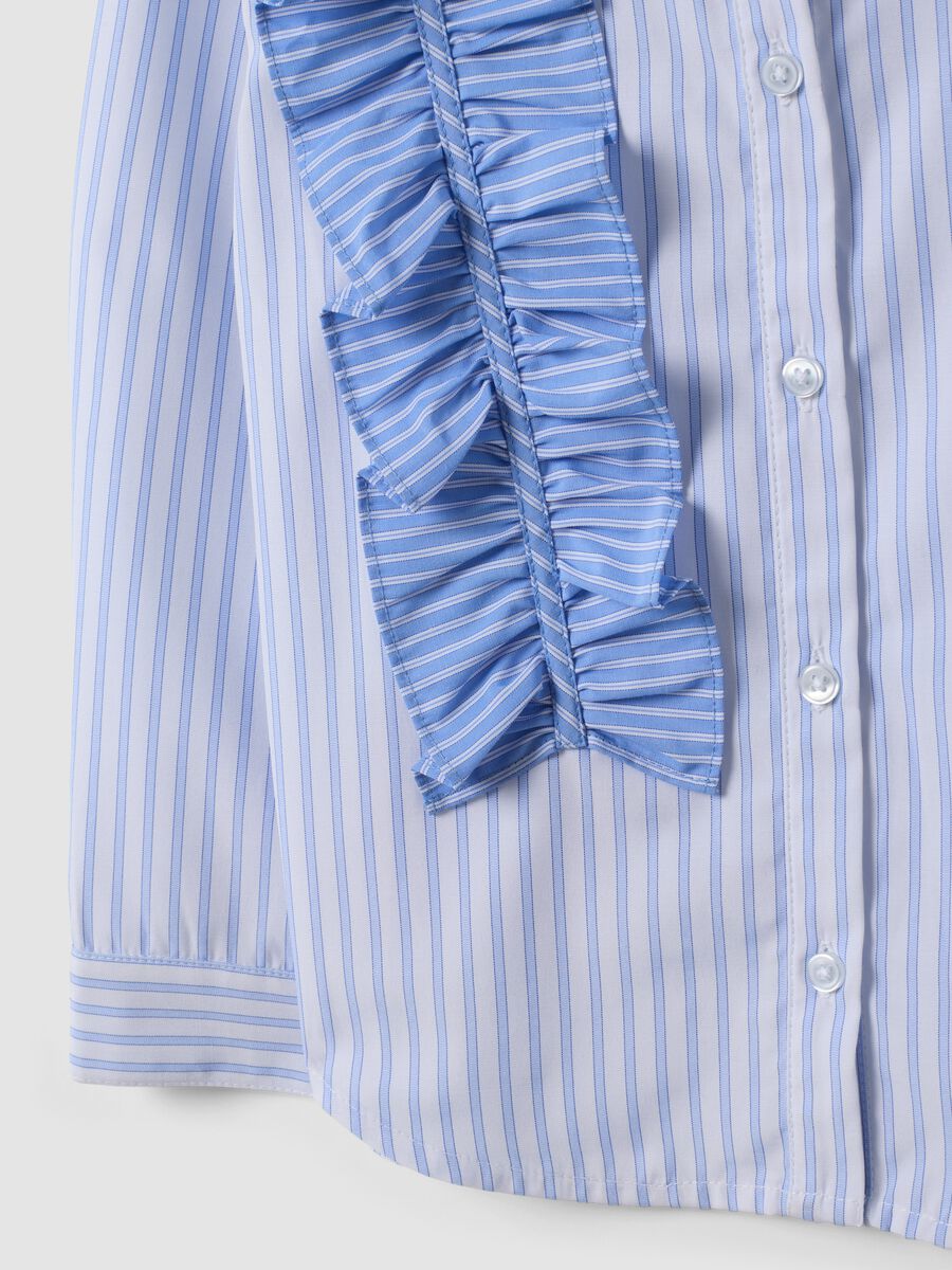 Blue striped girls&rsquo; shirt with ruffle detail and classic collar_3