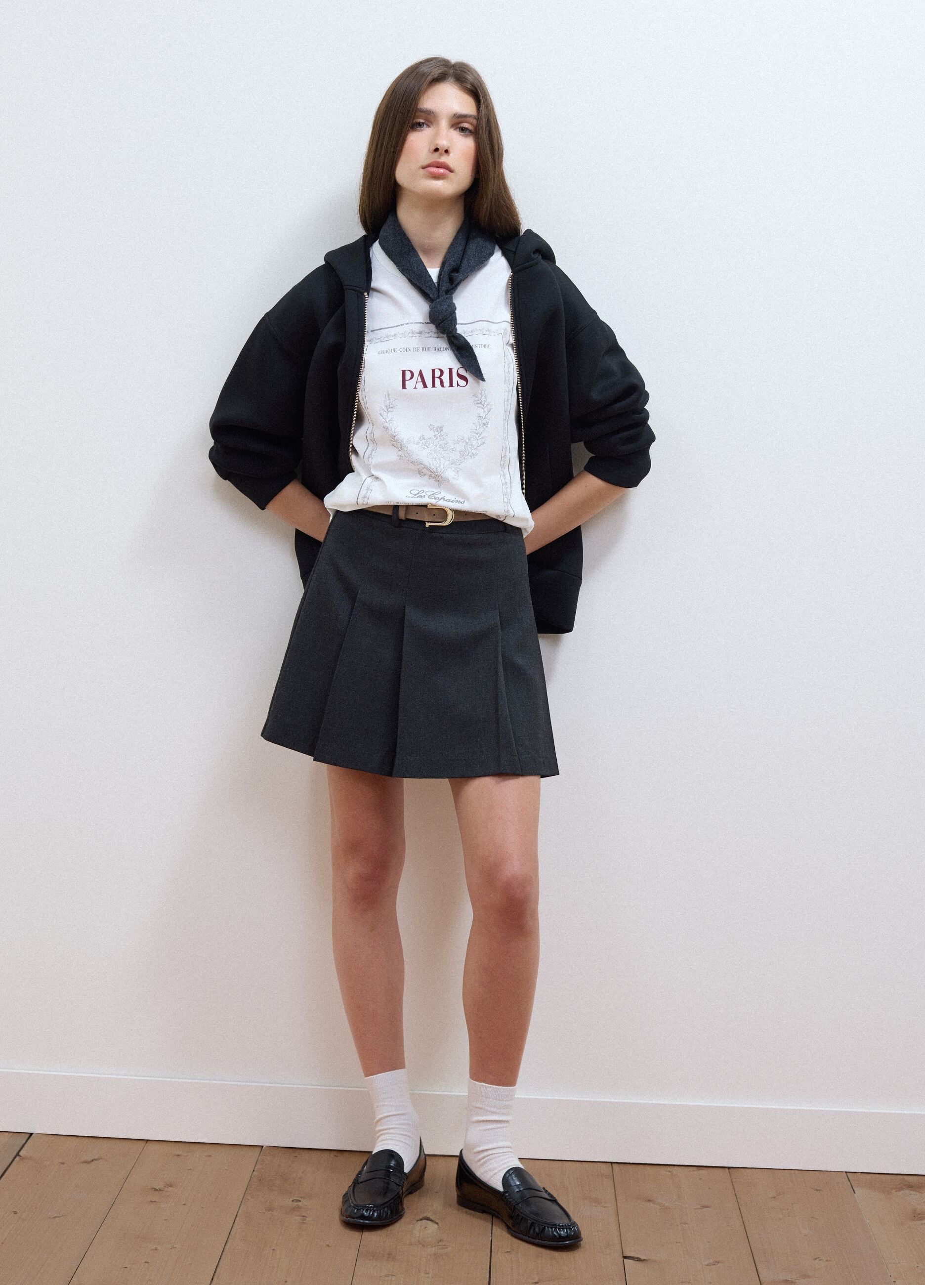 Grey stretch viscose mini skirt with belt