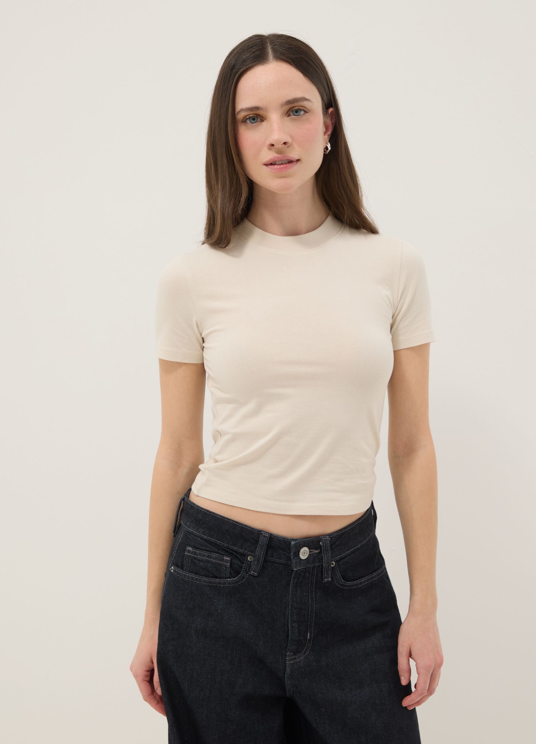 Beige slim fit stretch cotton t-shirt