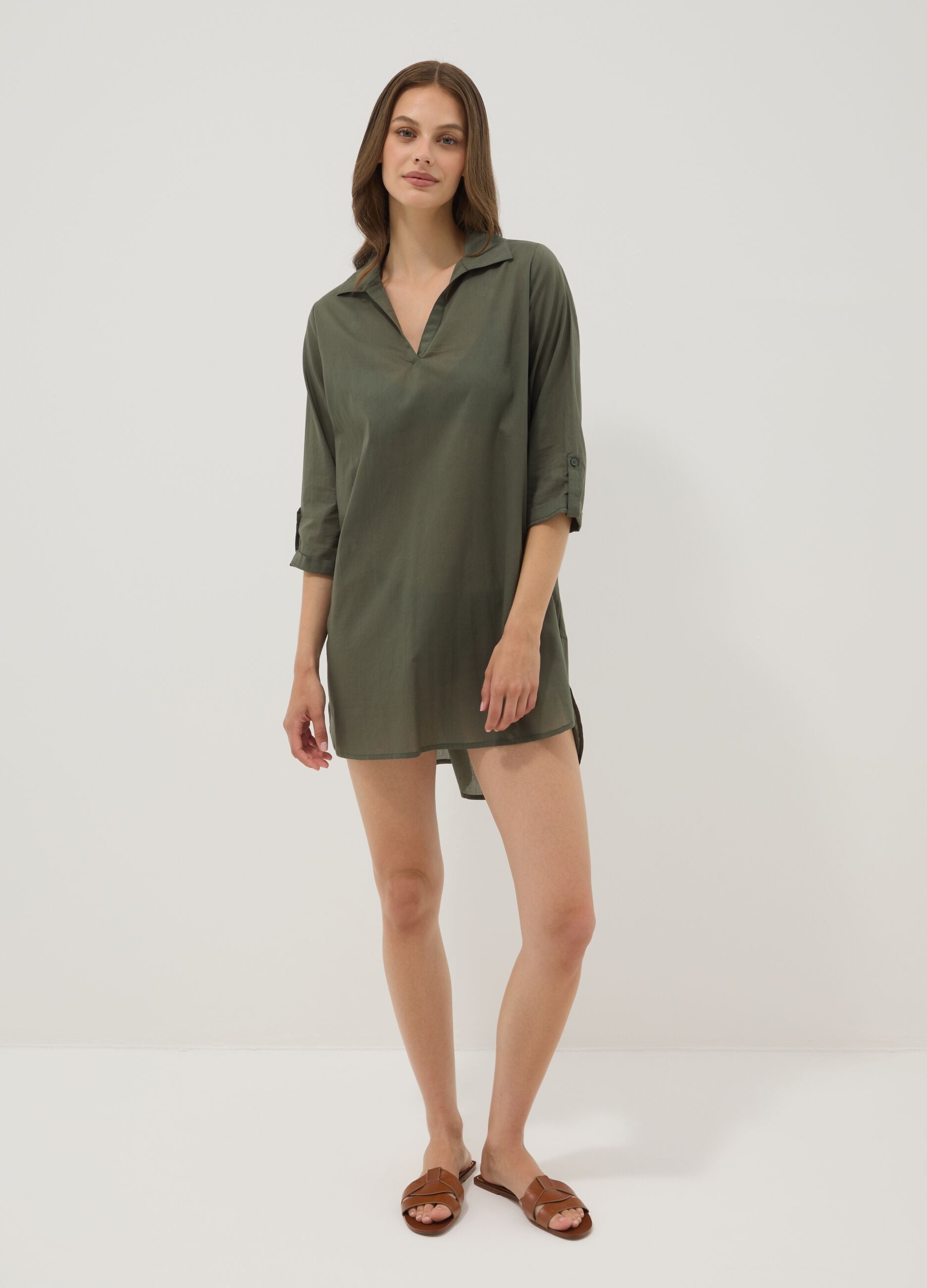 Green pure organic cotton kaftan with V-neck