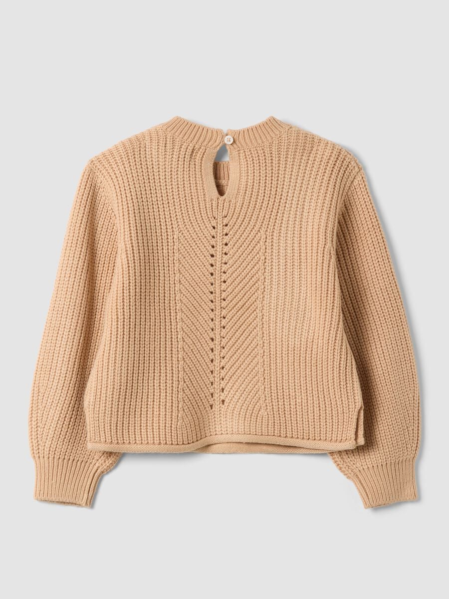 Beige knit jumper with openwork crew neck_1