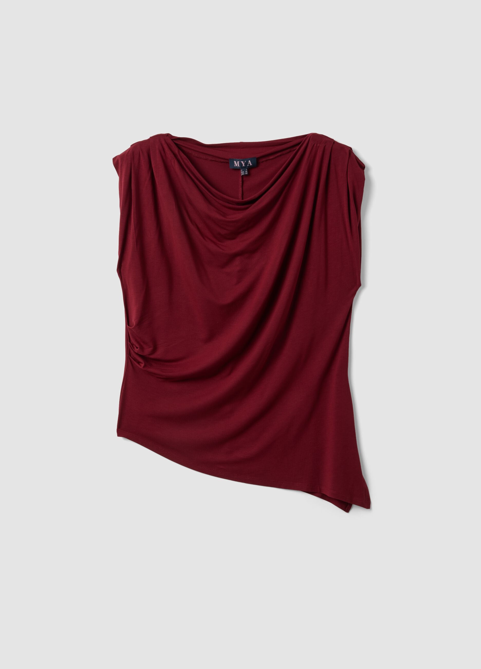 Red stretch viscose T-shirt with draped neckline