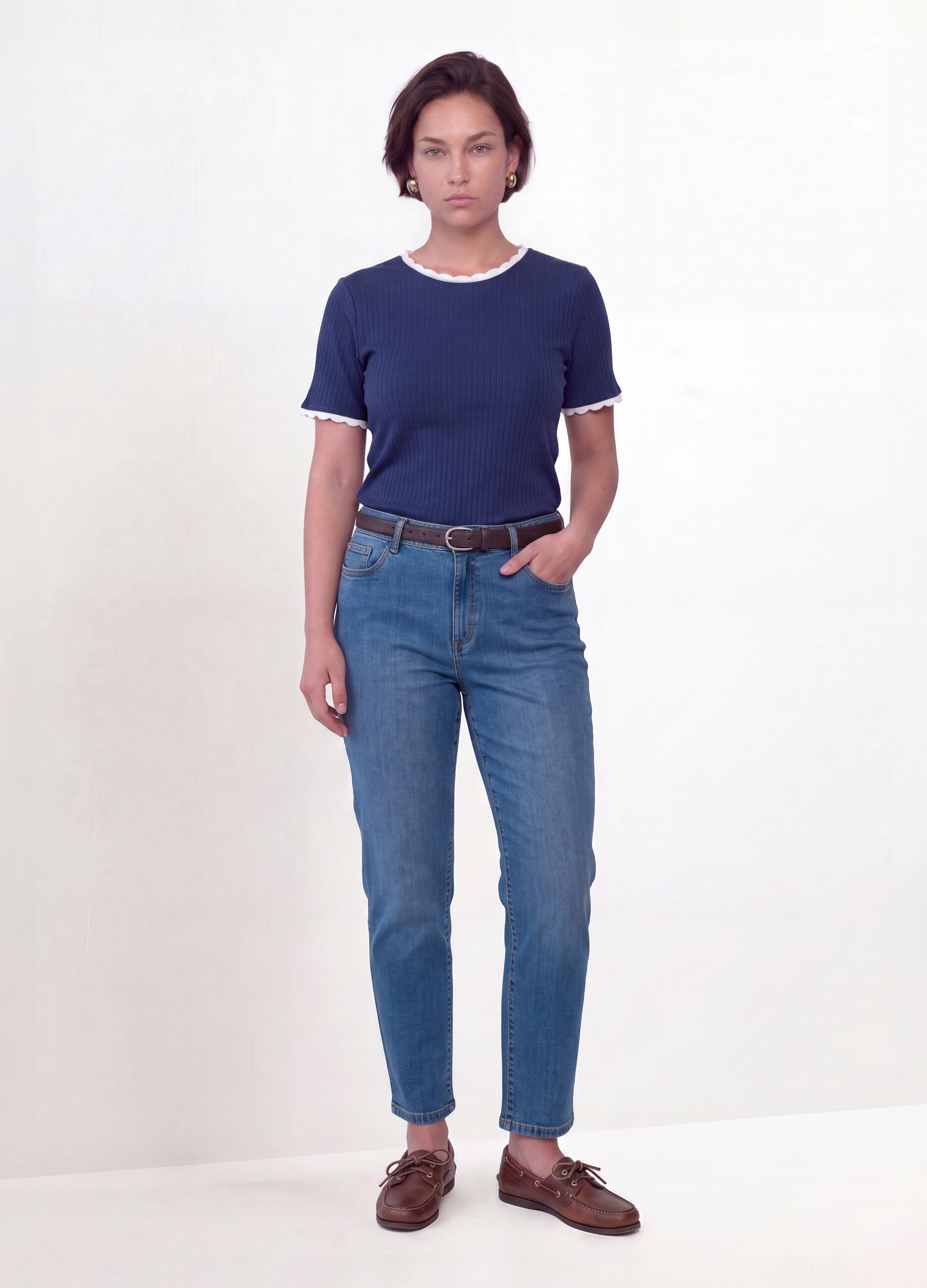 Blue stretch viscose crew-neck T-shirt with contrast trim
