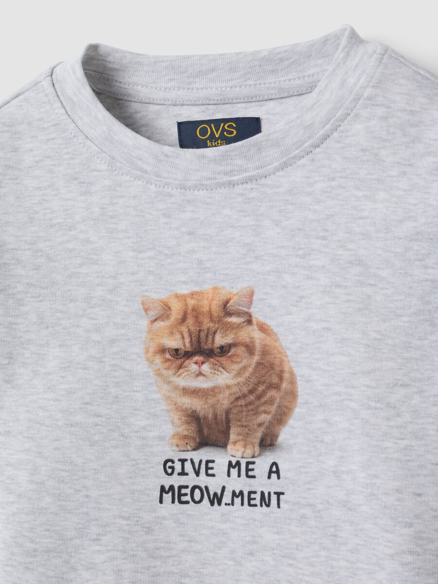 Grey stretch organic cotton T-shirt with ribbed neckline and cat print_5