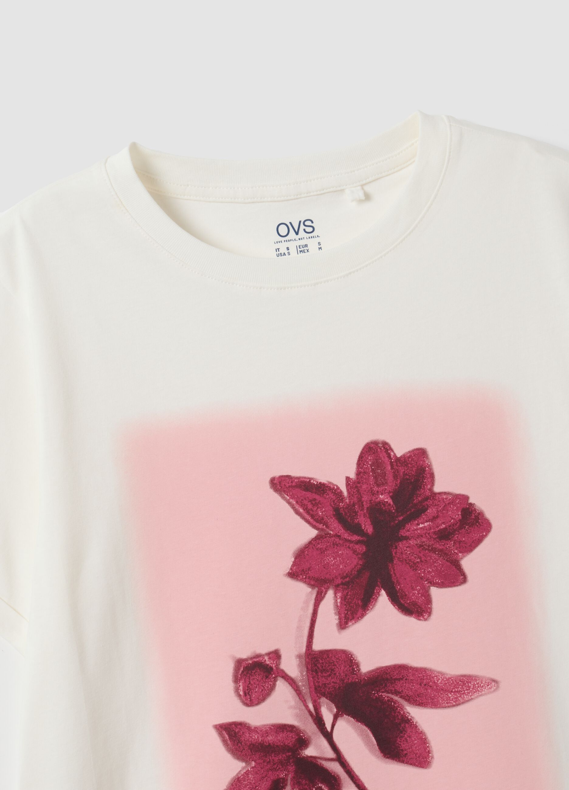 White pure cotton crew-neck T-shirt with floral print, regular fit