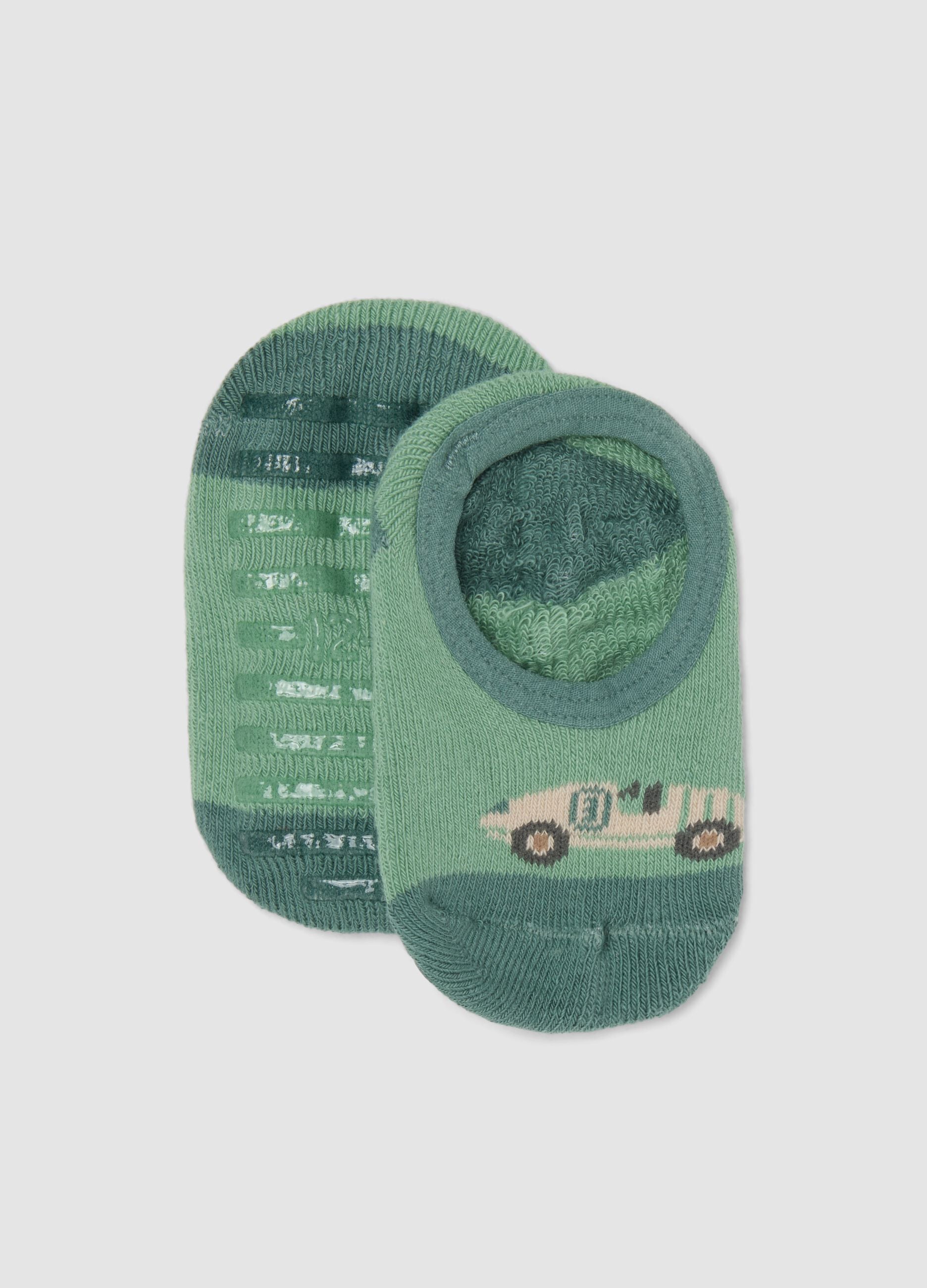 Green non-slip socks in organic stretch cotton with little car