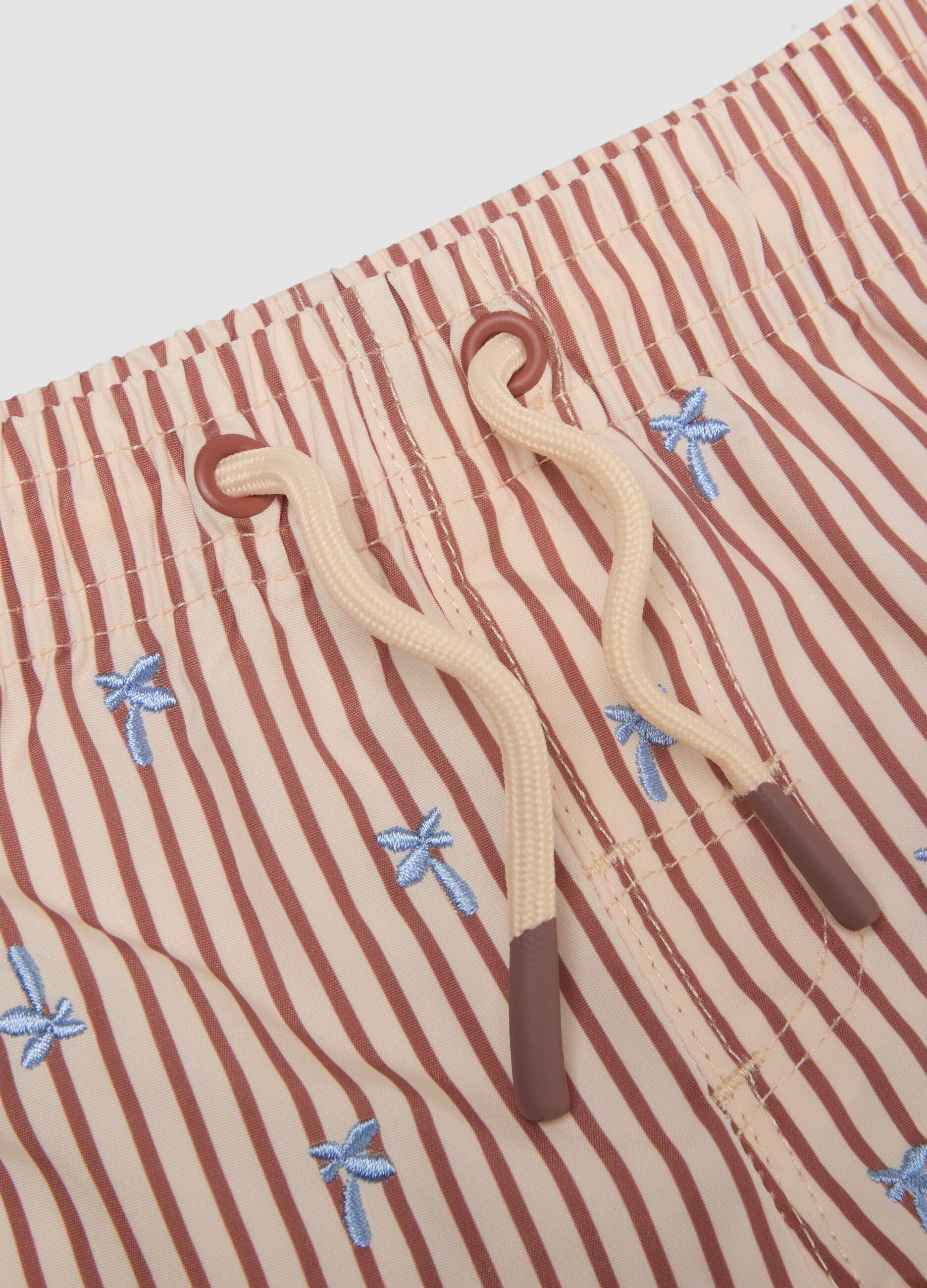 Brown striped boys&rsquo; swim boxer shorts with palm embroidery