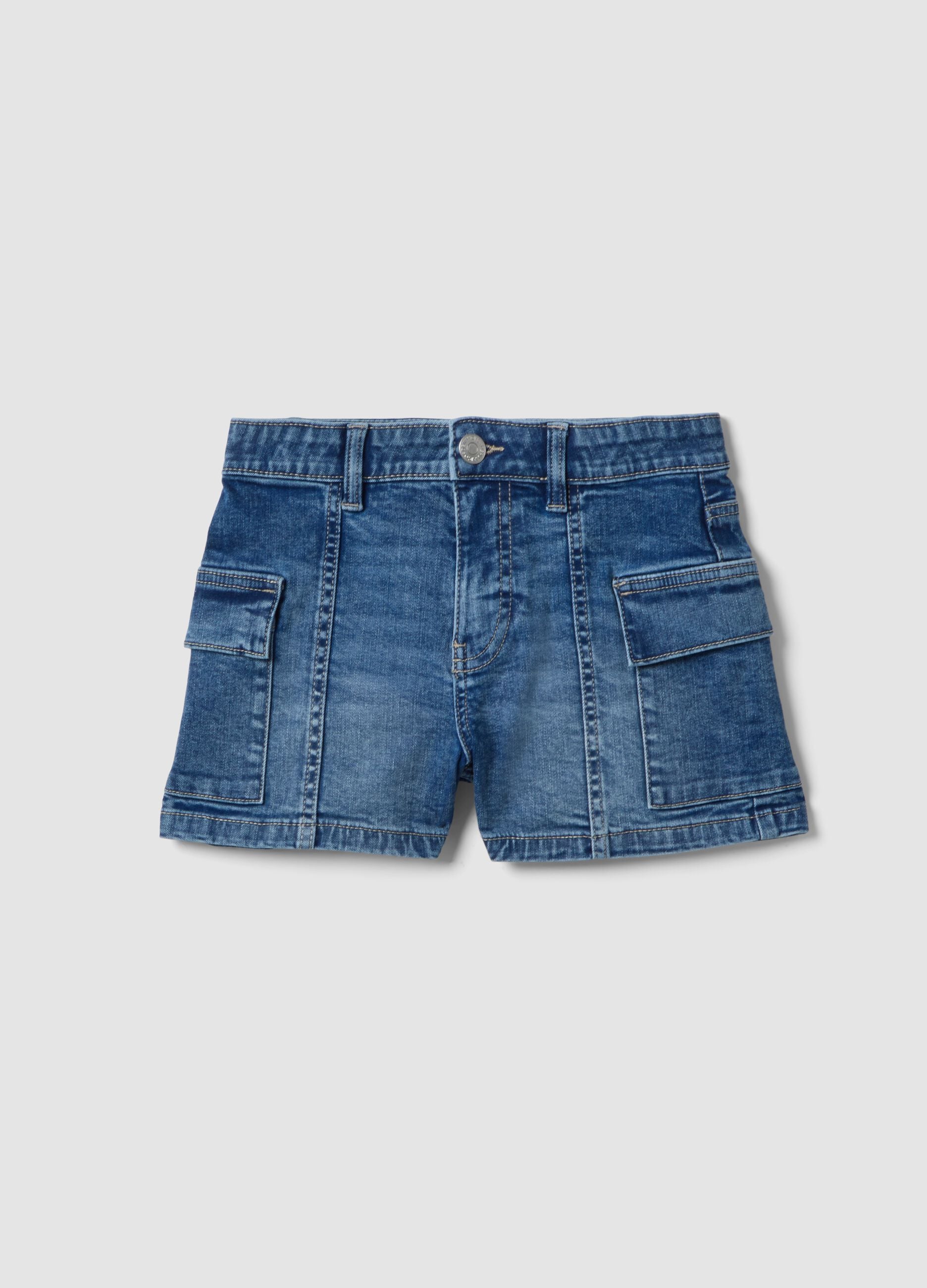 Girls&rsquo; blue denim cargo shorts in stretch cotton, slim fit