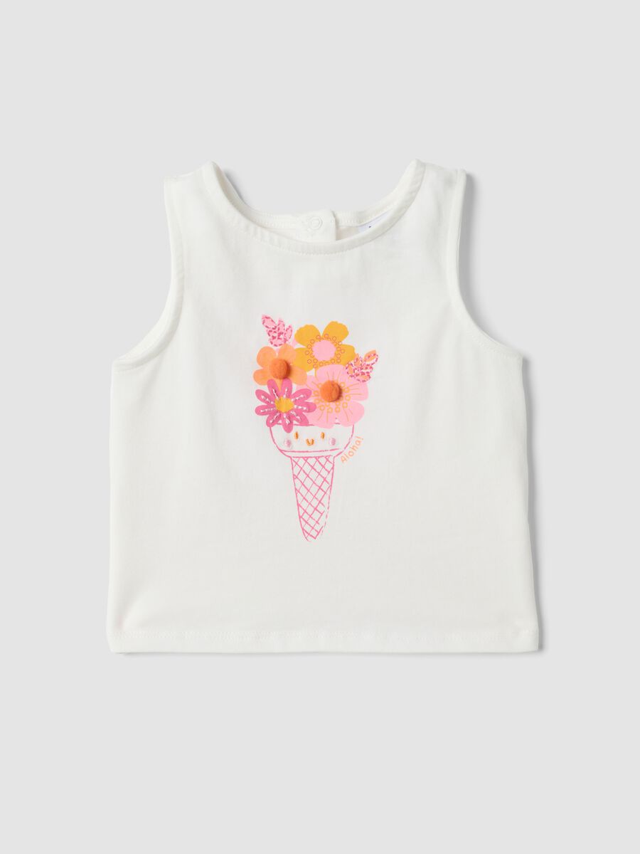 Tank top bianco in cotone elasticizzato con stampa floreale per bimba fitted_0