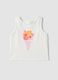 White fitted stretch cotton tank top with floral print for baby girl_0