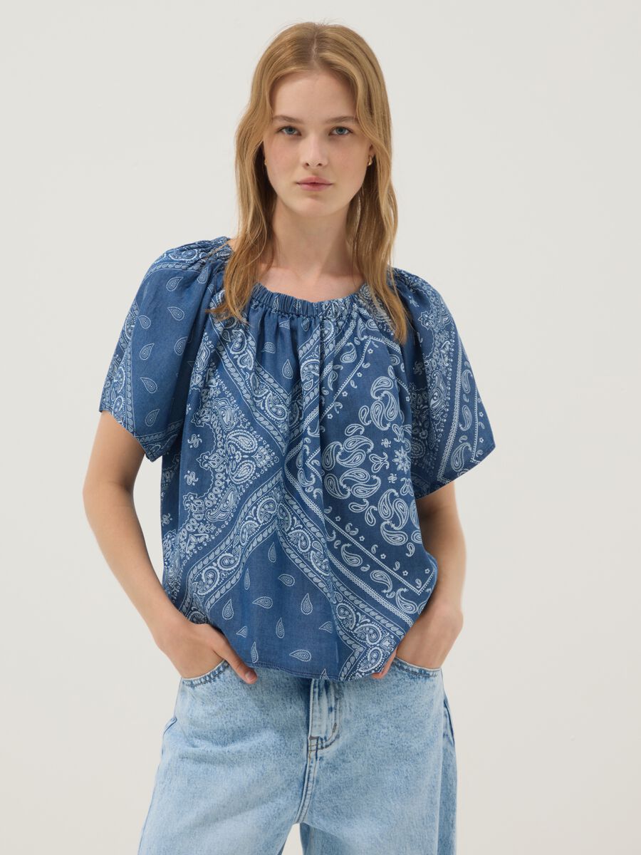 Blue pure lyocell paisley print blouse, regular fit_0