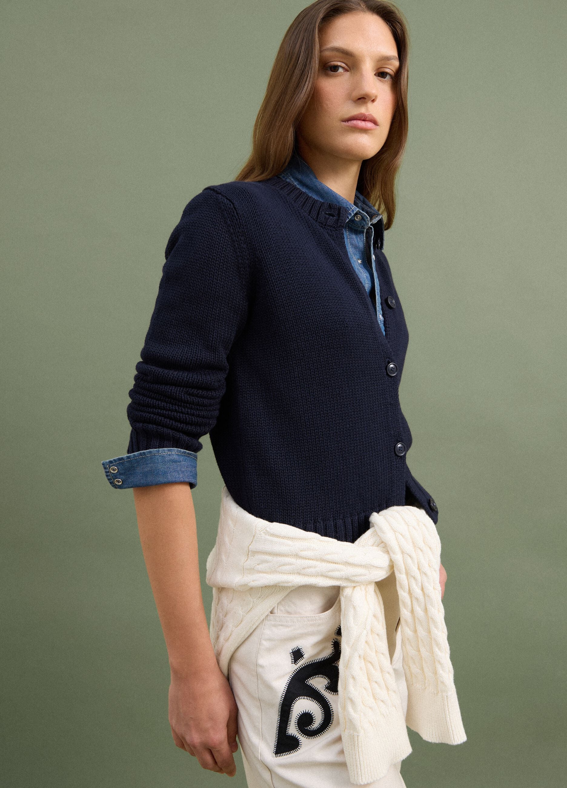 Navy pure cotton cardigan with buttons, regular fit