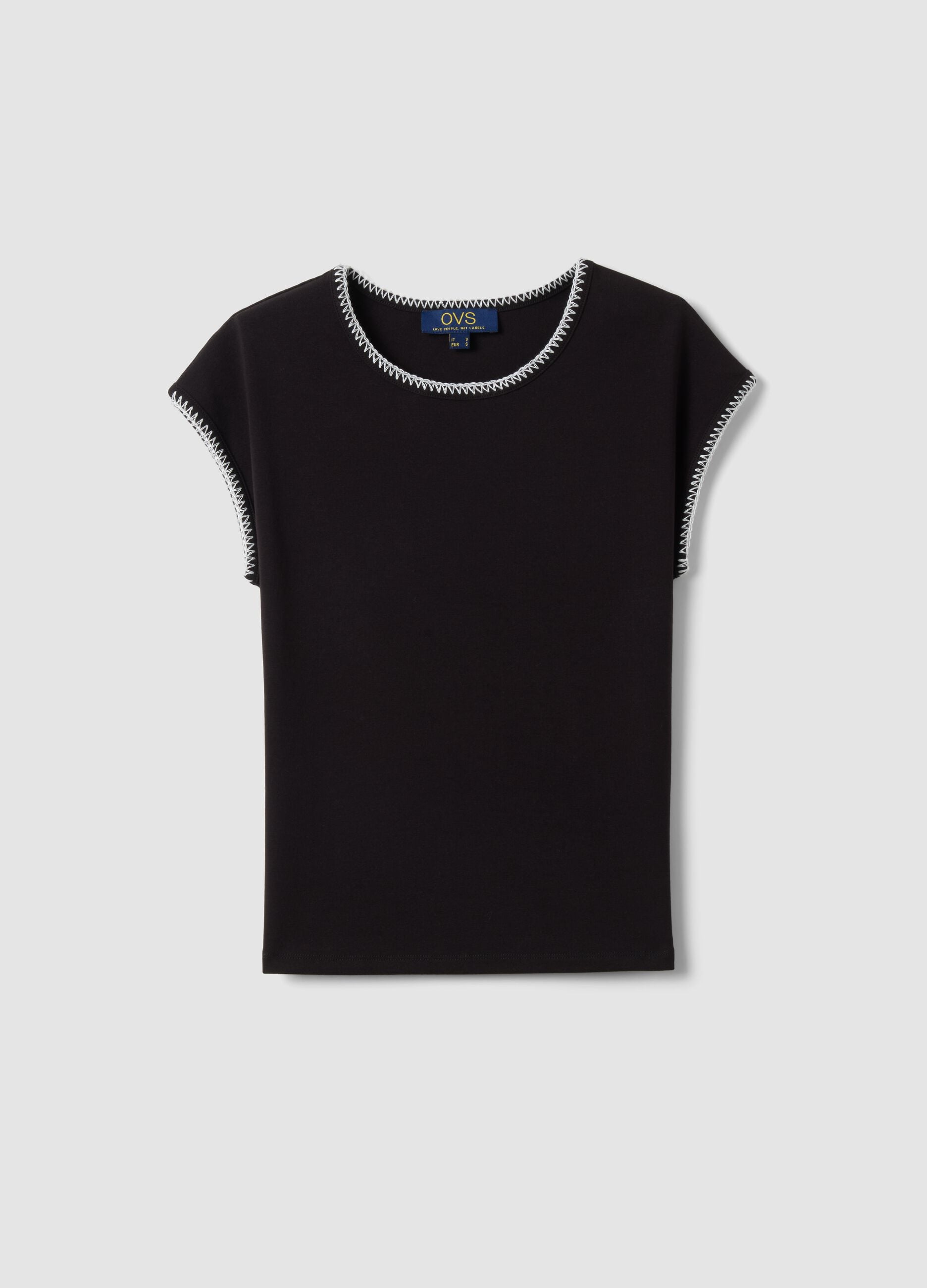 Black stretchy cotton T-shirt regular fit with stitching