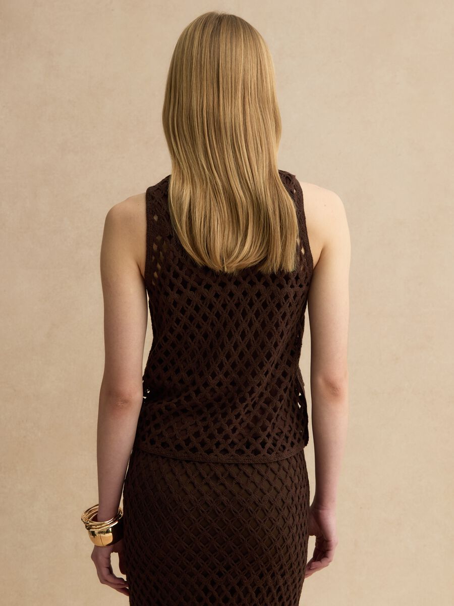 Brown cotton-blend regular-fit tank top with mesh design_3