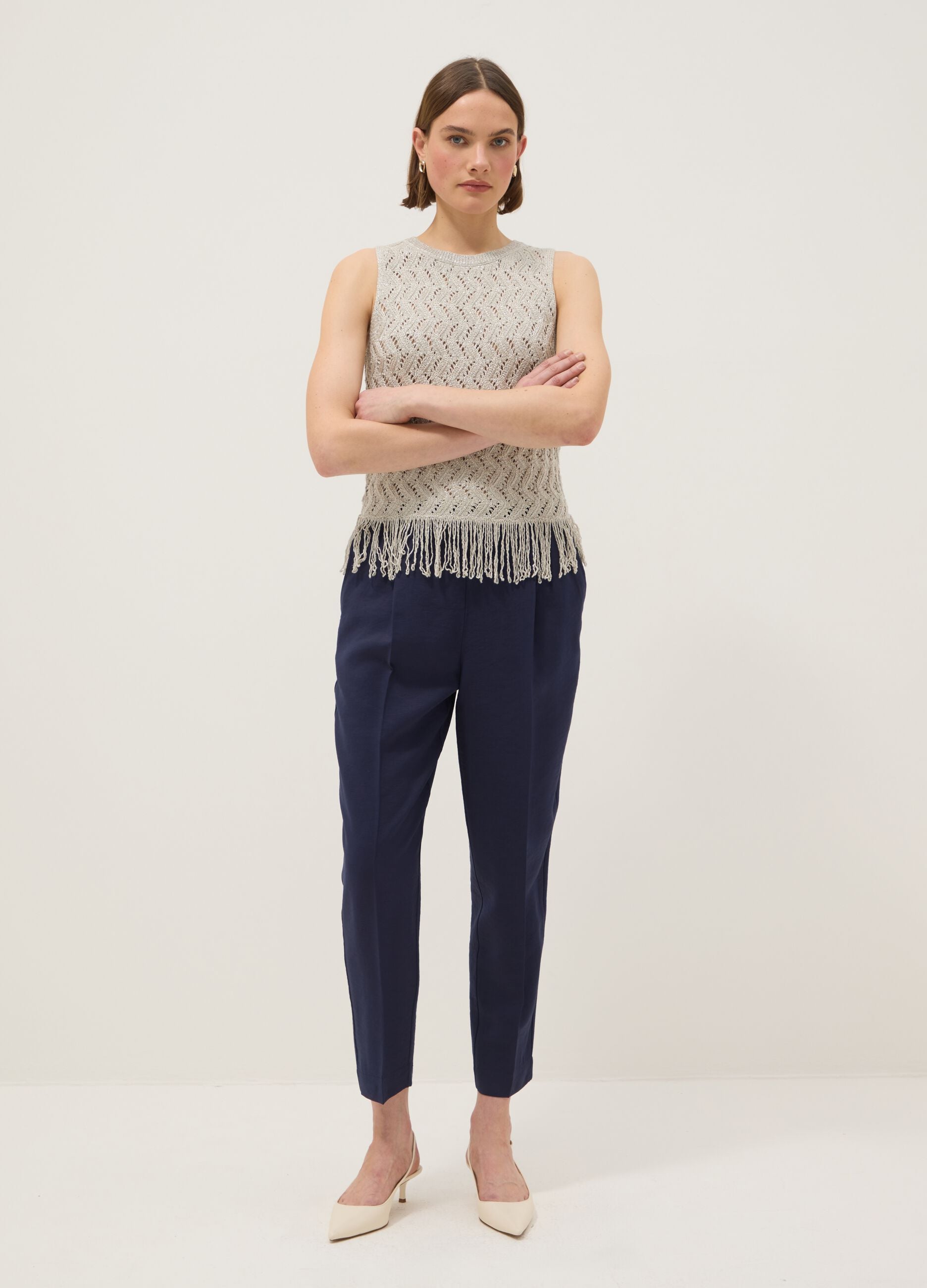 Beige viscose blend regular fit perforated top with fringes