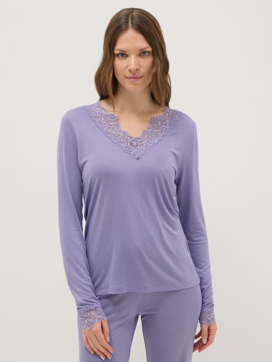 Maglia da notte viola con scollo a V in pizzo regular fit_1