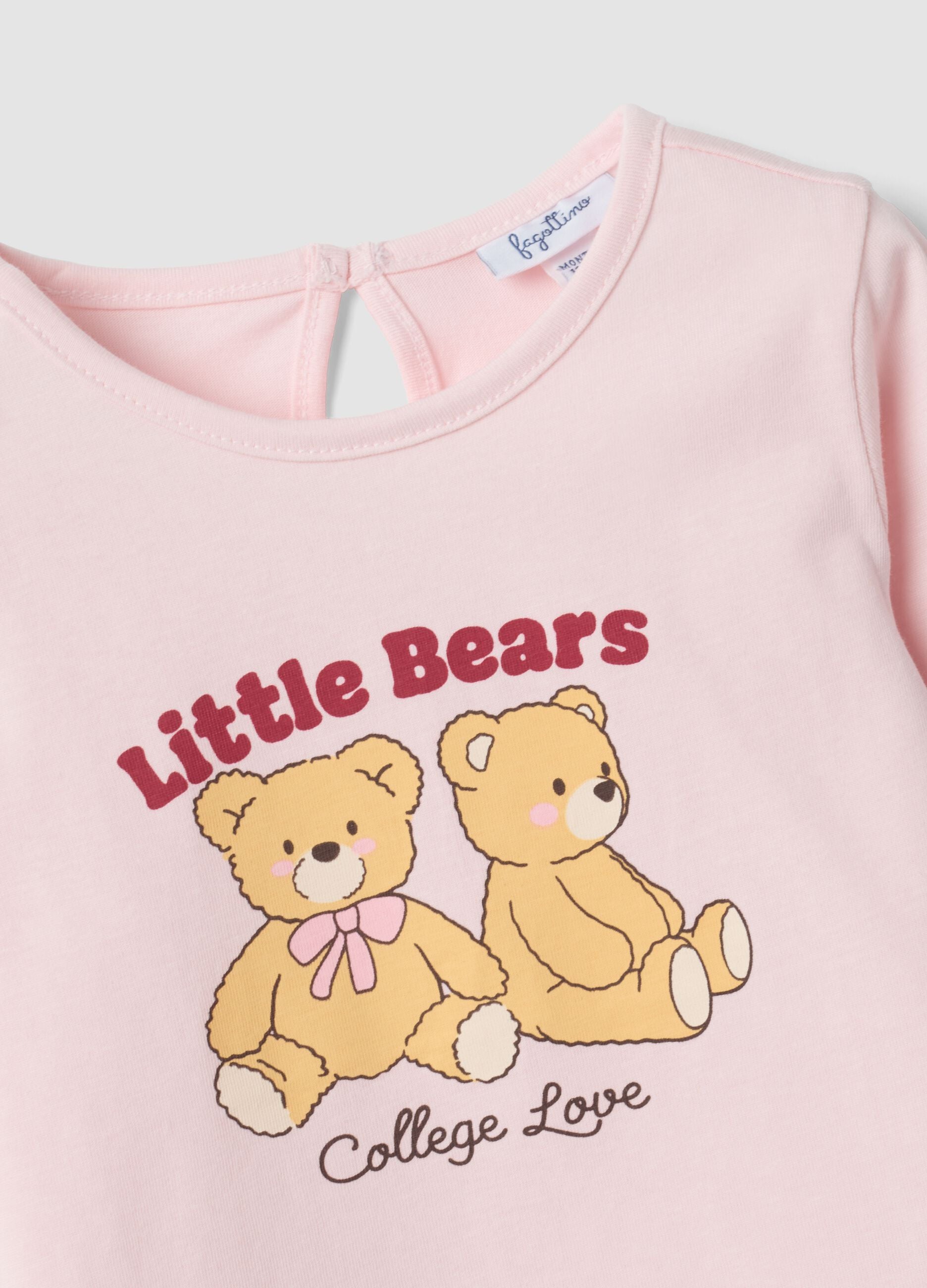 Pink organic cotton T-shirt with teddy bear print for baby girl