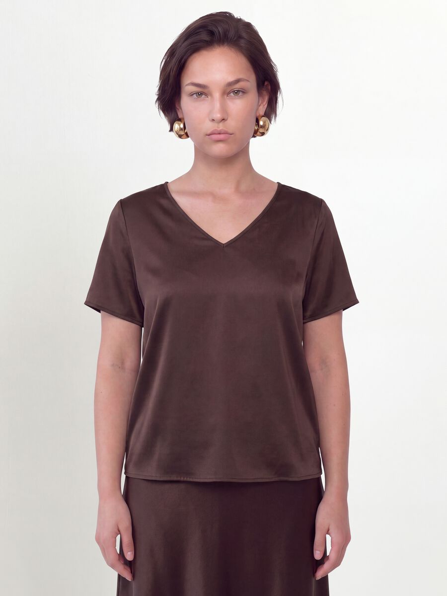 Brown satin V-neck stretch blouse, regular fit_0