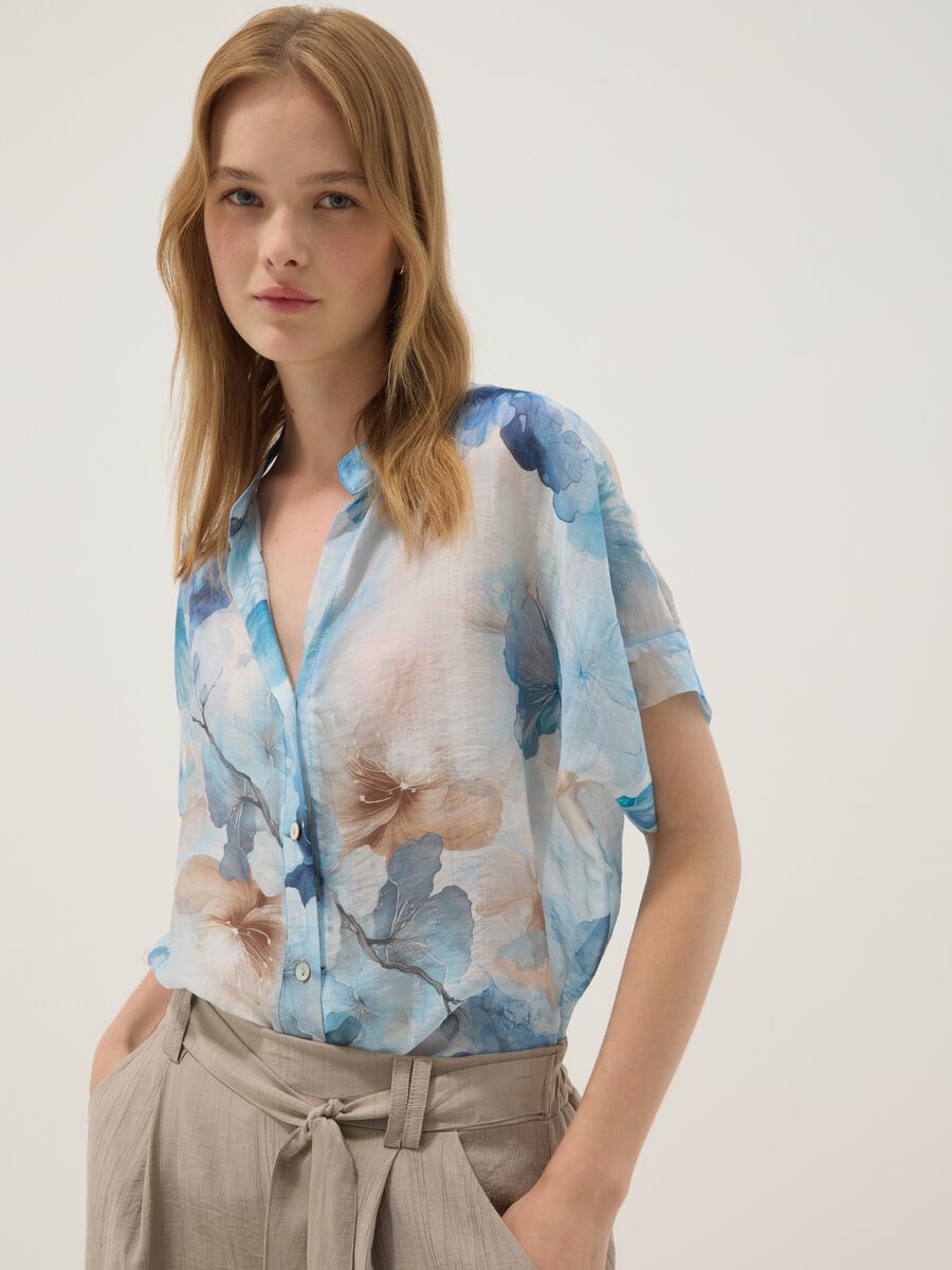 Light blue lyocell-blend shirt with floral print_1