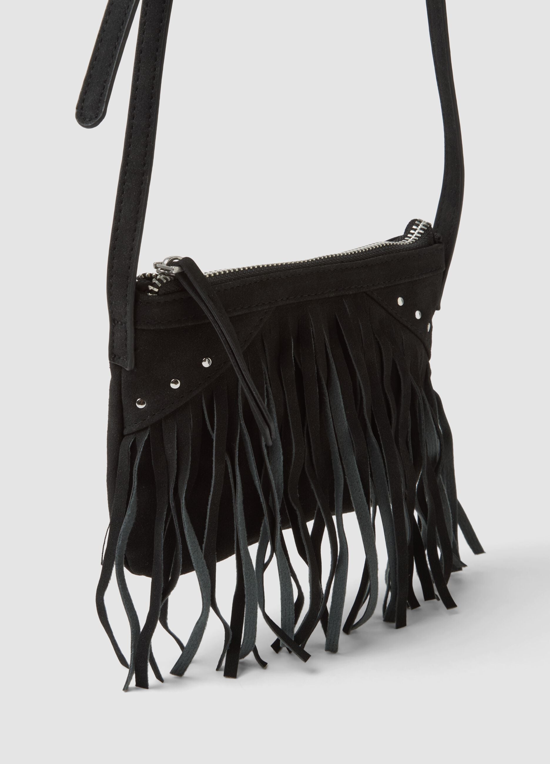 Black fringed and studded crossbody bag for girls