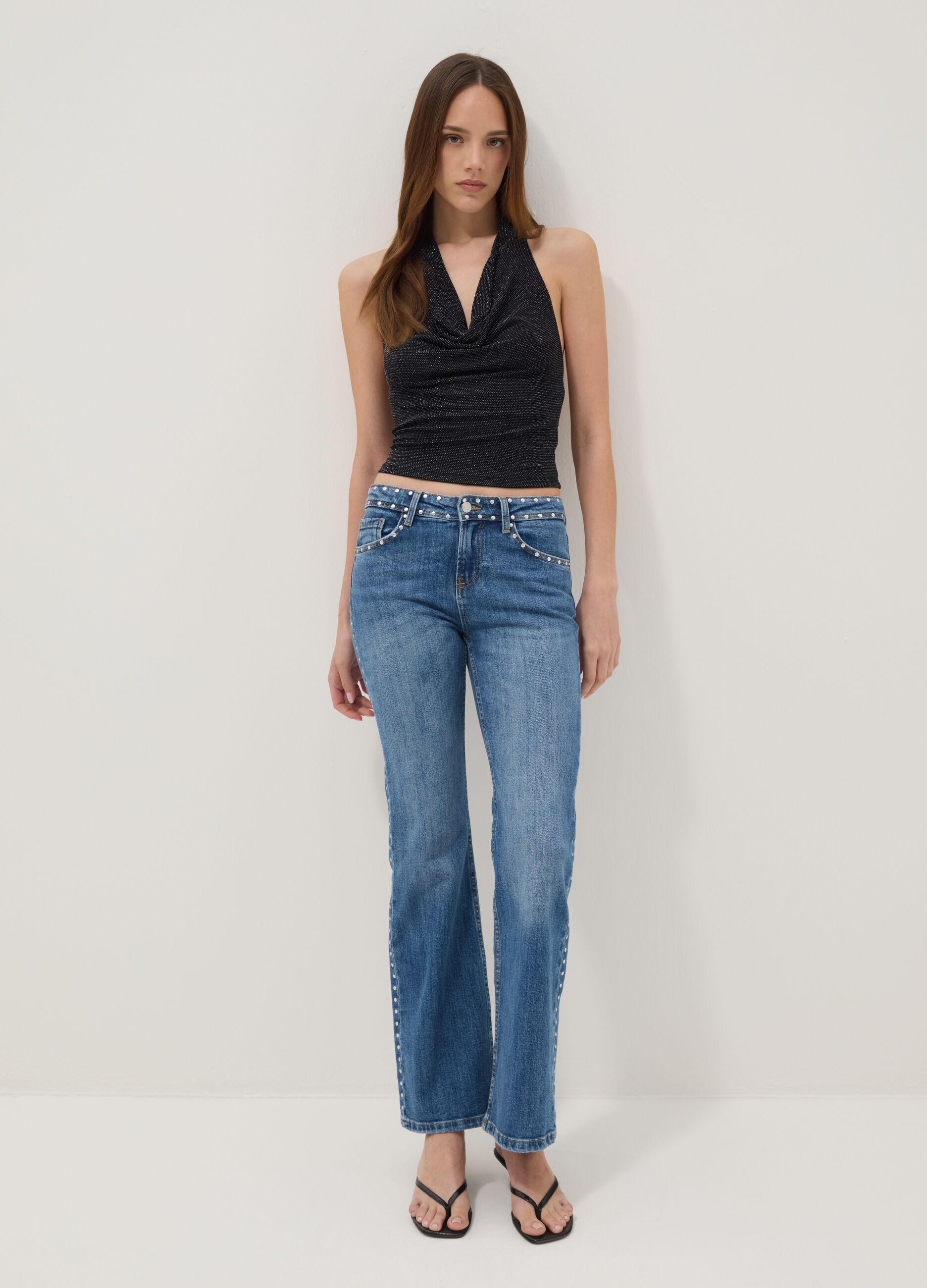 Black halterneck top in stretch fabric, regular fit