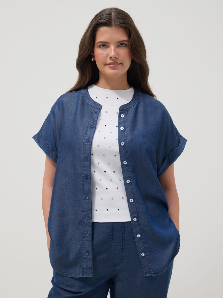 Blue pure lyocell regular fit shirt with mandarin collar_1