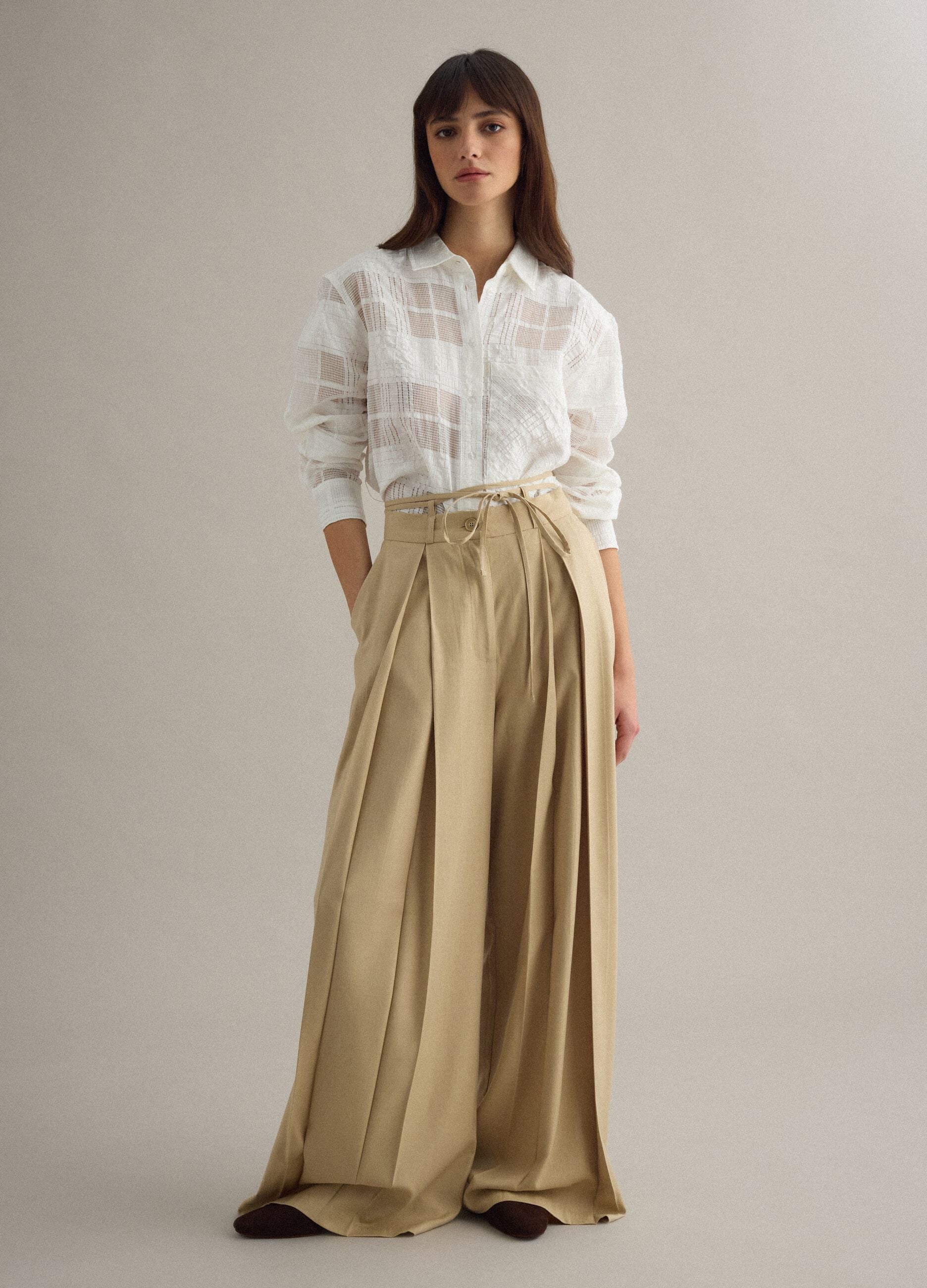 Beige viscose blend flare trousers