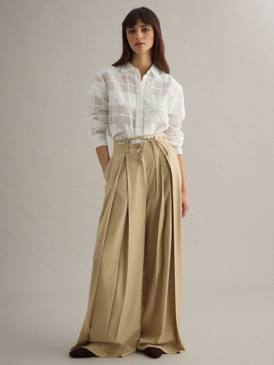 Beige viscose blend flare trousers_0