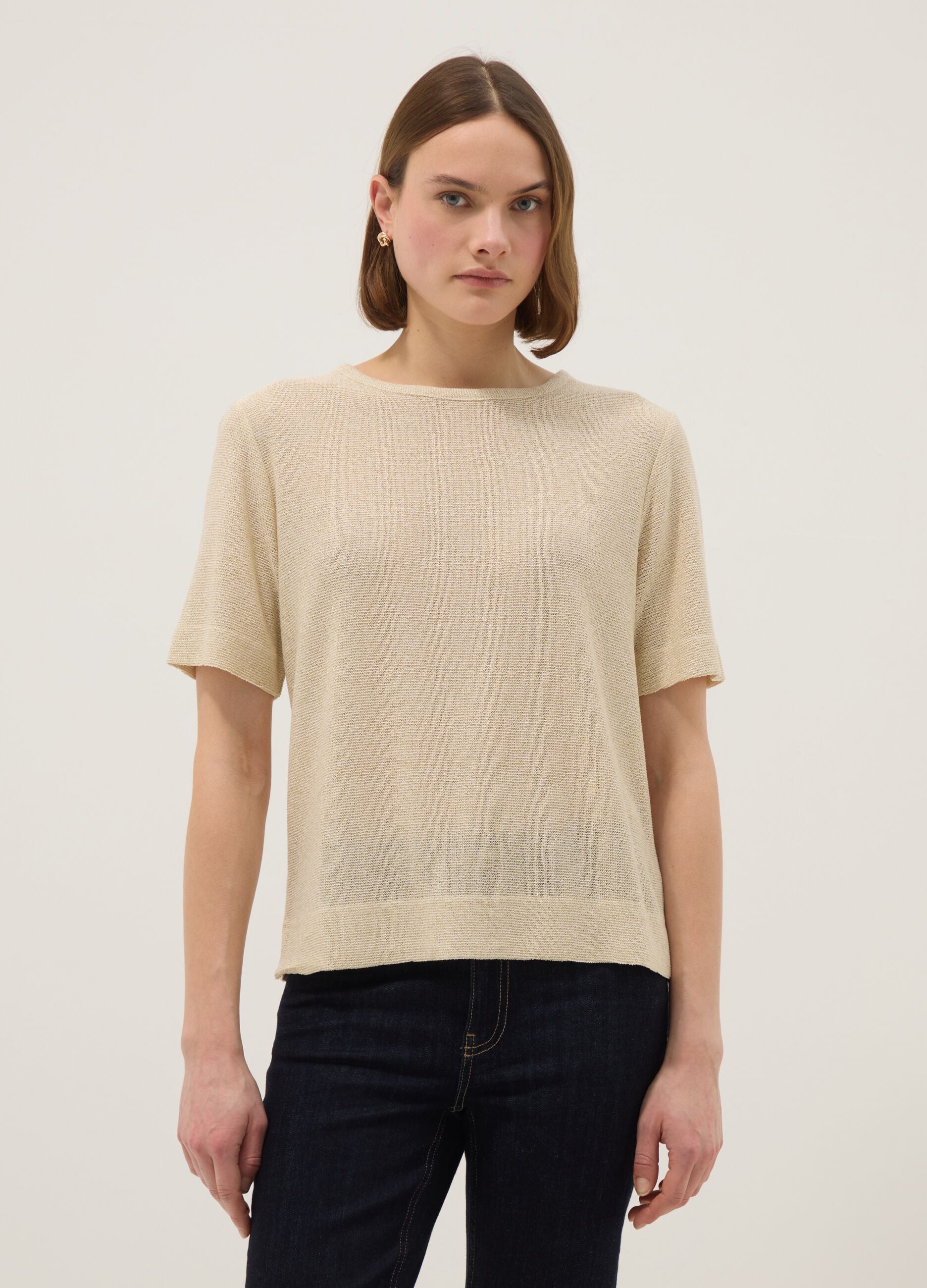 Beige viscose-blend short-sleeve T-shirt, regular fit