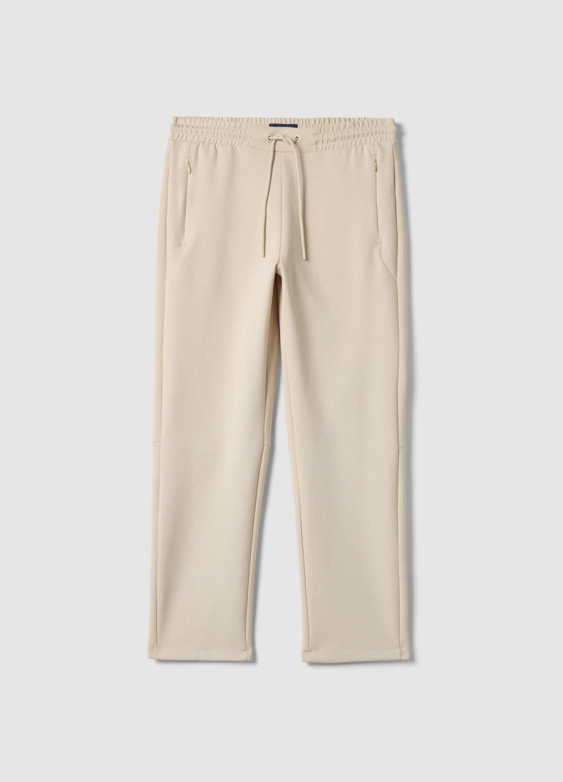Beige Stretch Cotton Blend Joggers, Regular Fit