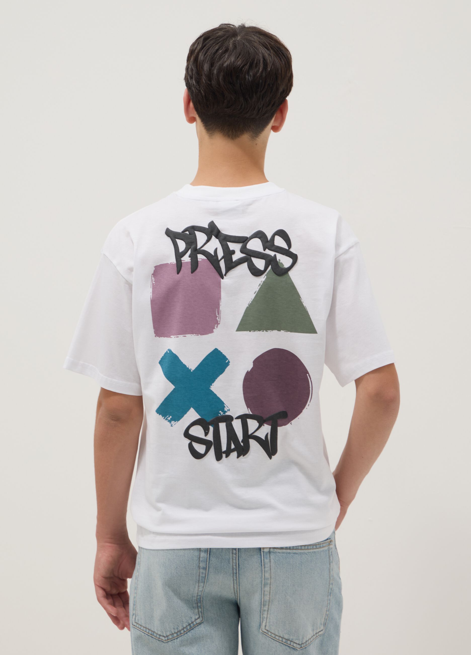 T-shirt bianca da ragazzo con logo Playstation in puro cotone relaxed fit