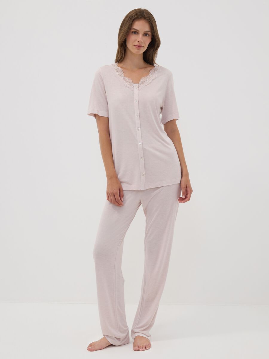 Pink pure viscose pyjama with lace V-neck, regular fit_0