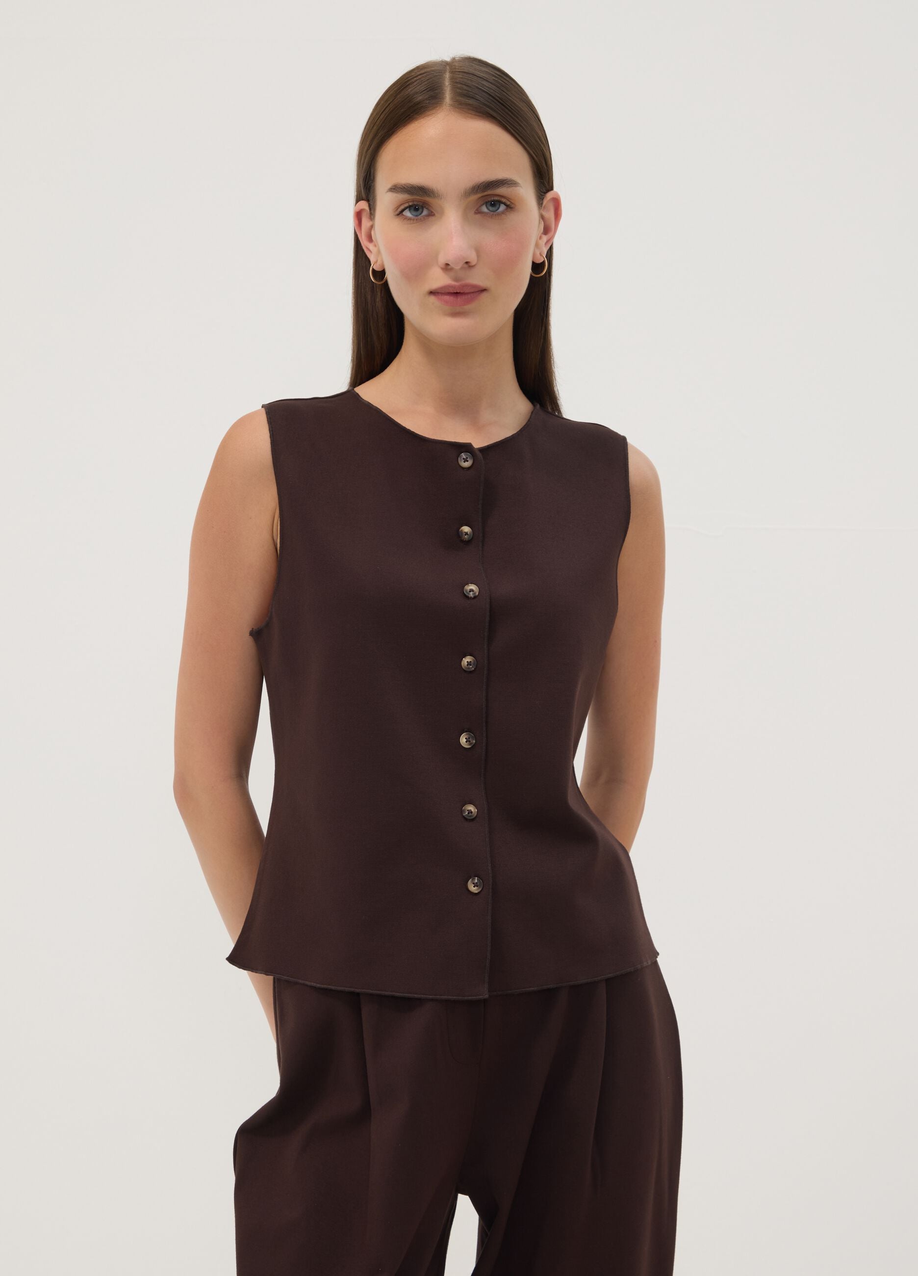 Brown Milano-knit waistcoat in stretch viscose, regular fit