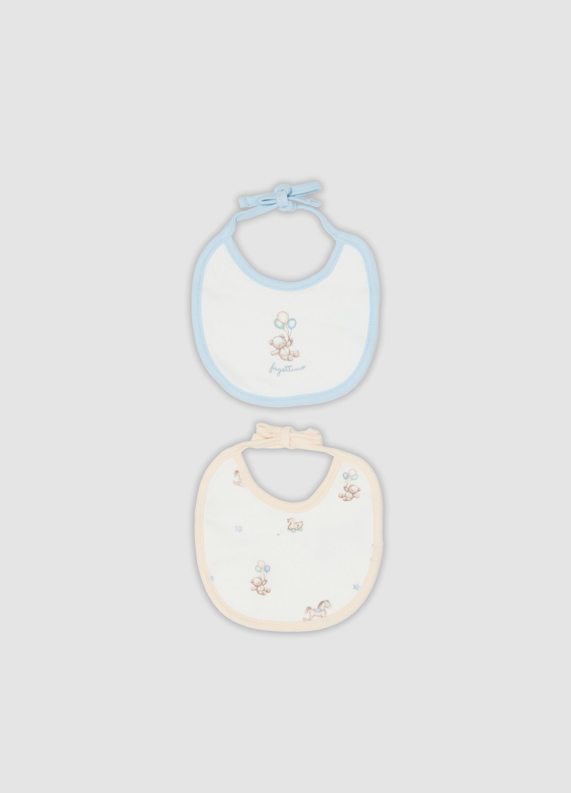 Two-pack of blue and yellow baby bibs in pure organic cotton with prints
