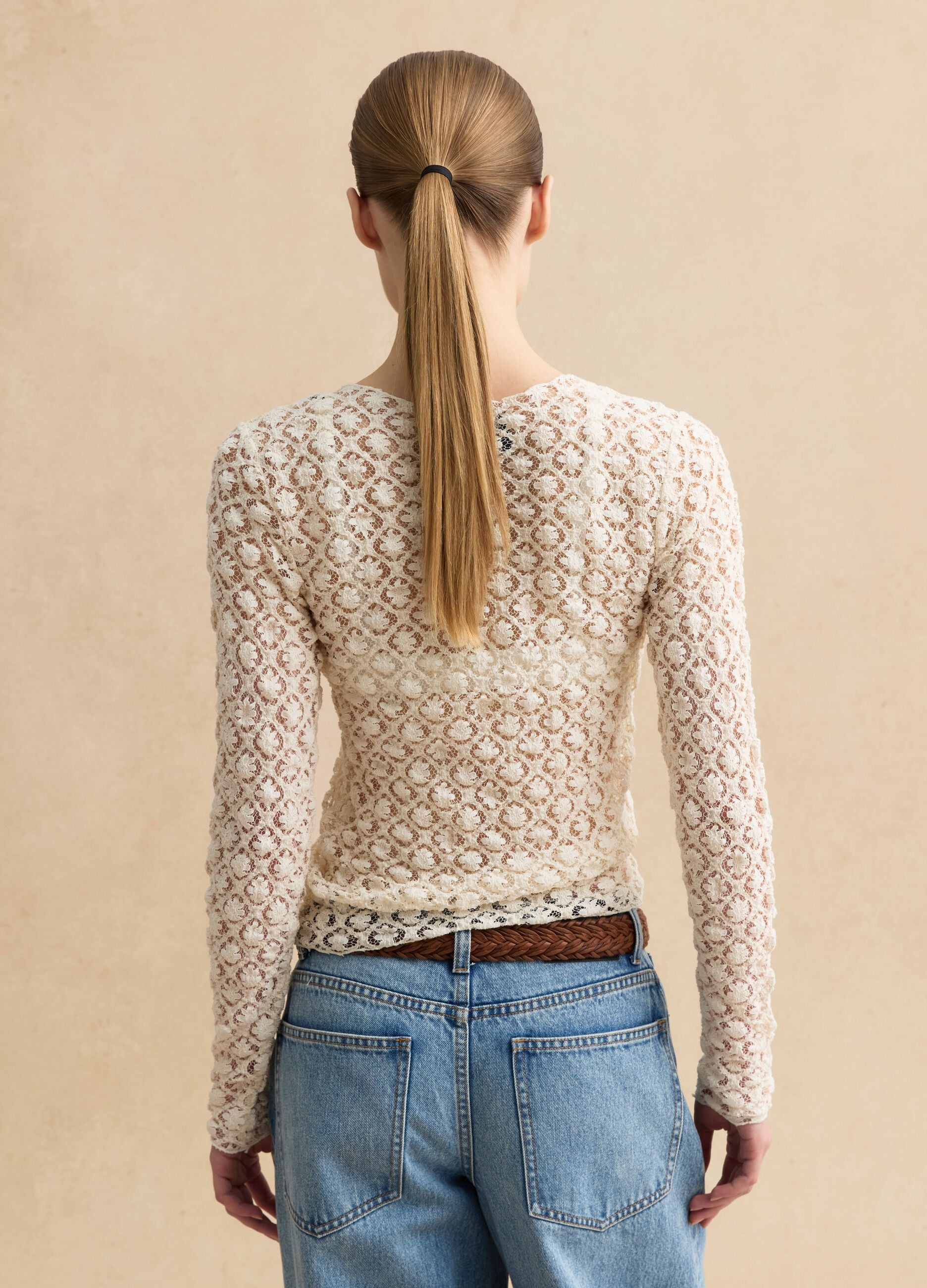 Beige stretch cotton blend regular fit top with lace