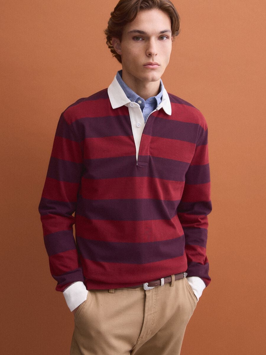 Red pure cotton striped long-sleeve rugby polo, regular fit_0