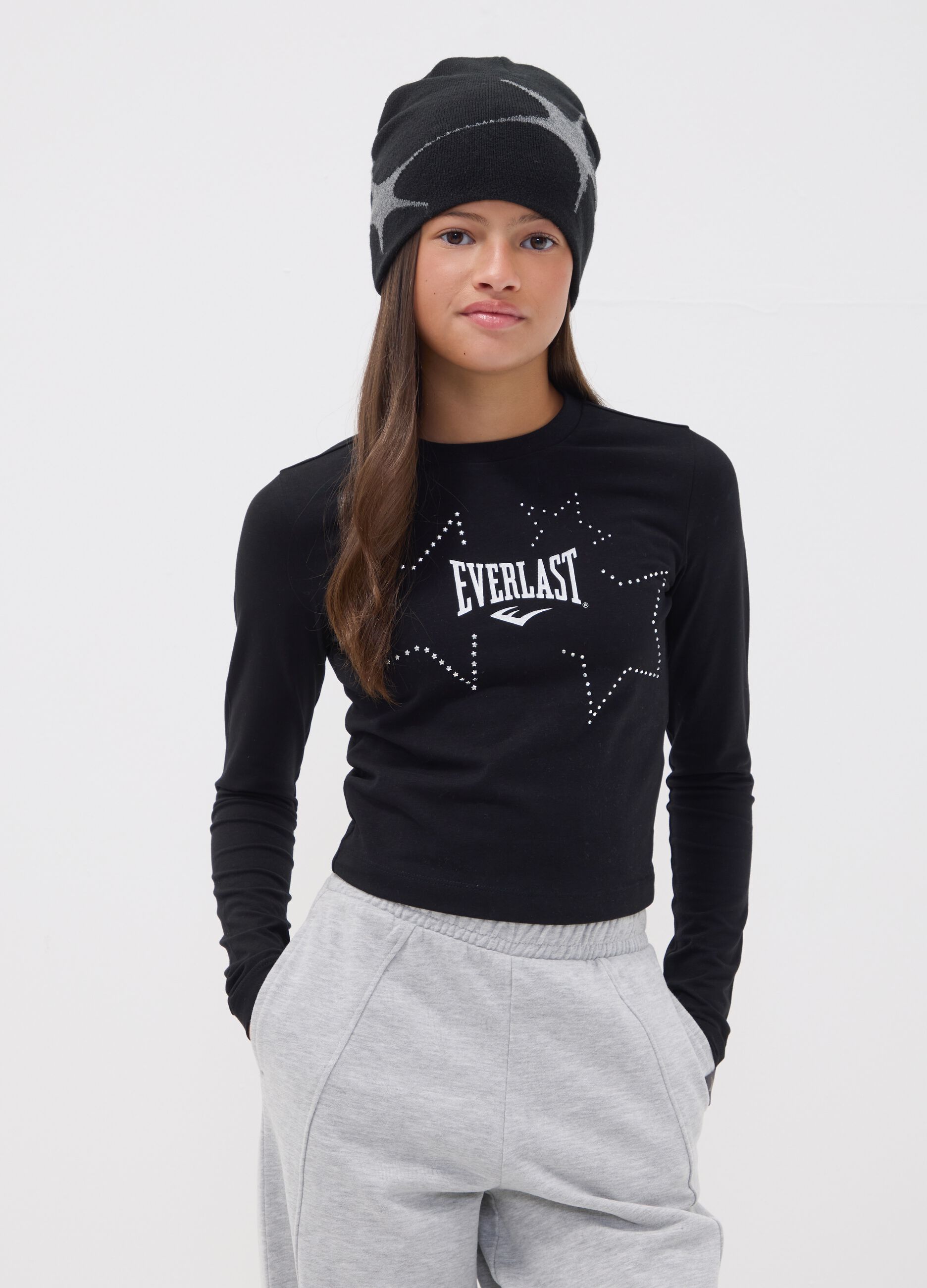 Black pure cotton T-shirt with applied stars, regular fit for girls