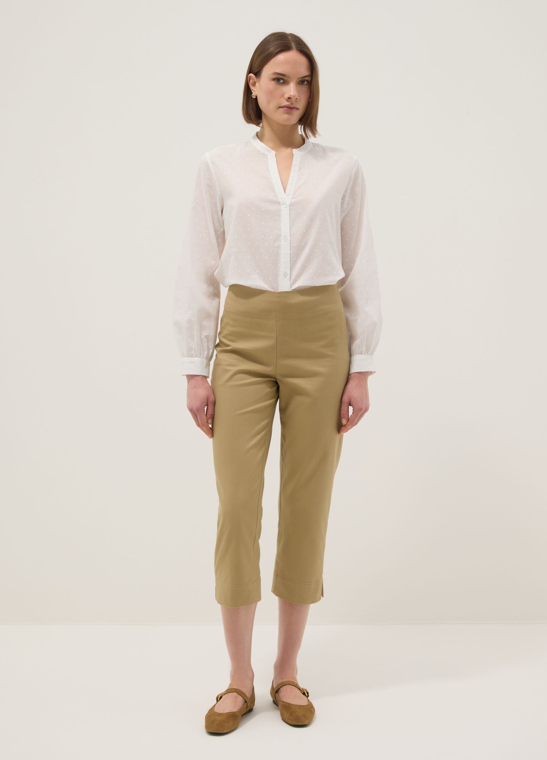 White pure cotton shirt regular fit deep V with polka dots