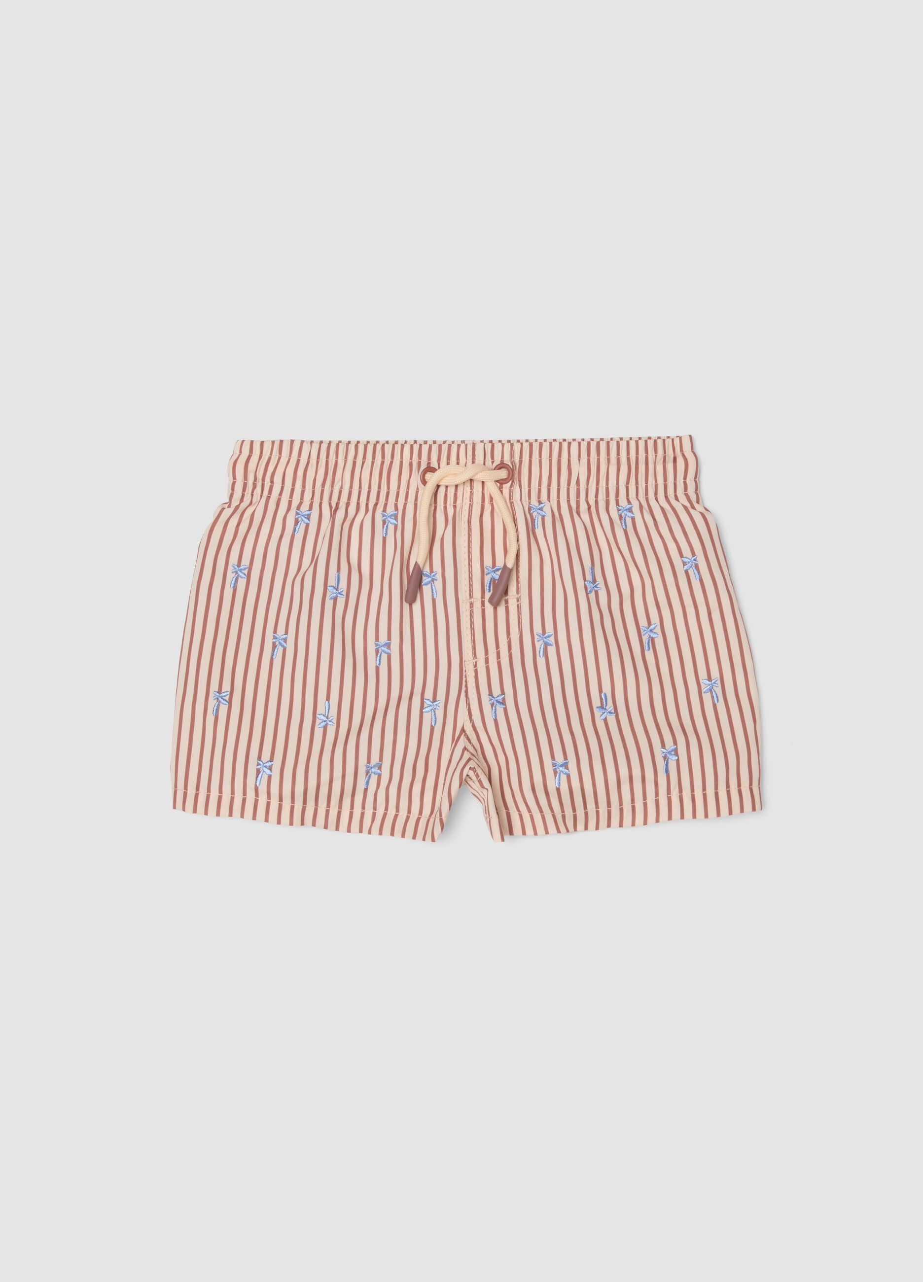 Brown striped boys&rsquo; swim boxer shorts with palm embroidery