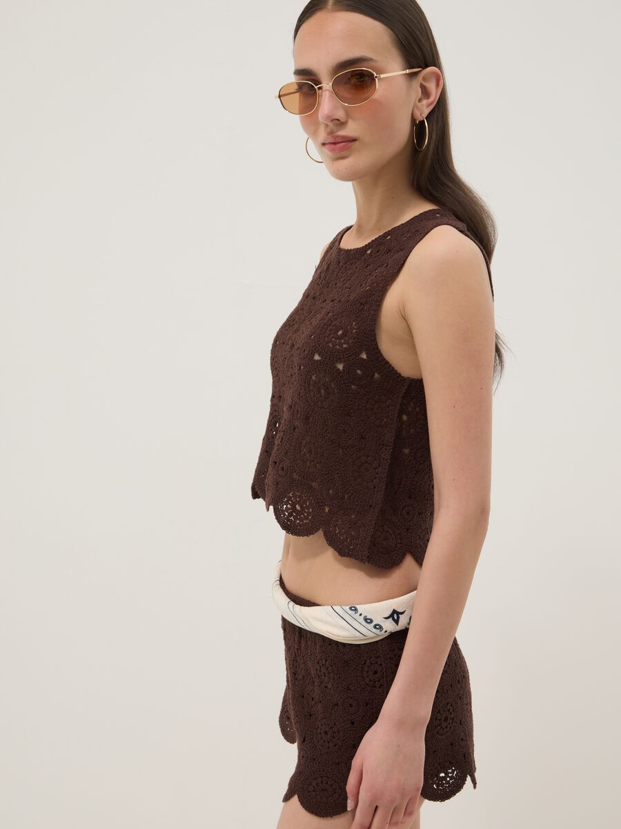 Brown cotton-blend crochet tank top, regular fit_0