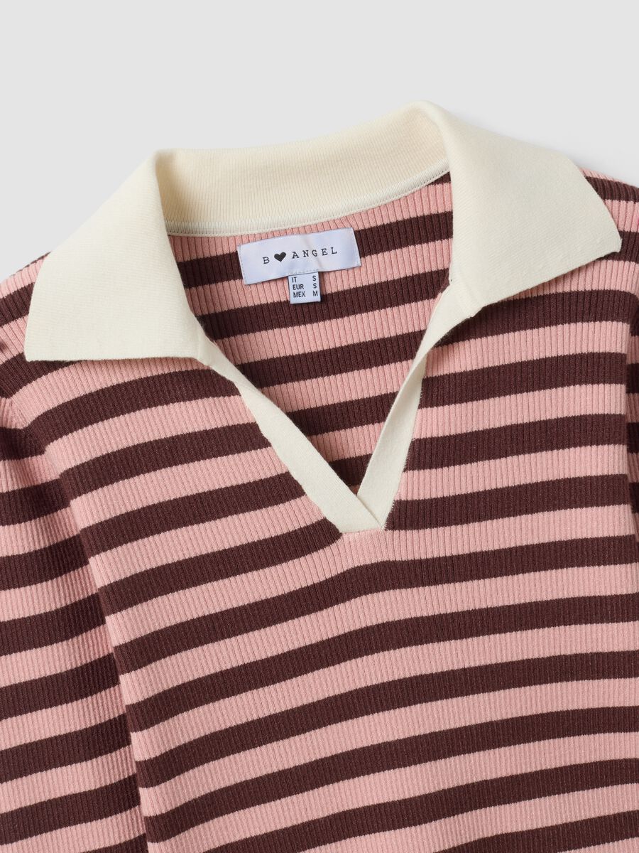 Multicolour striped viscose-blend fitted polo-collar knit top_1