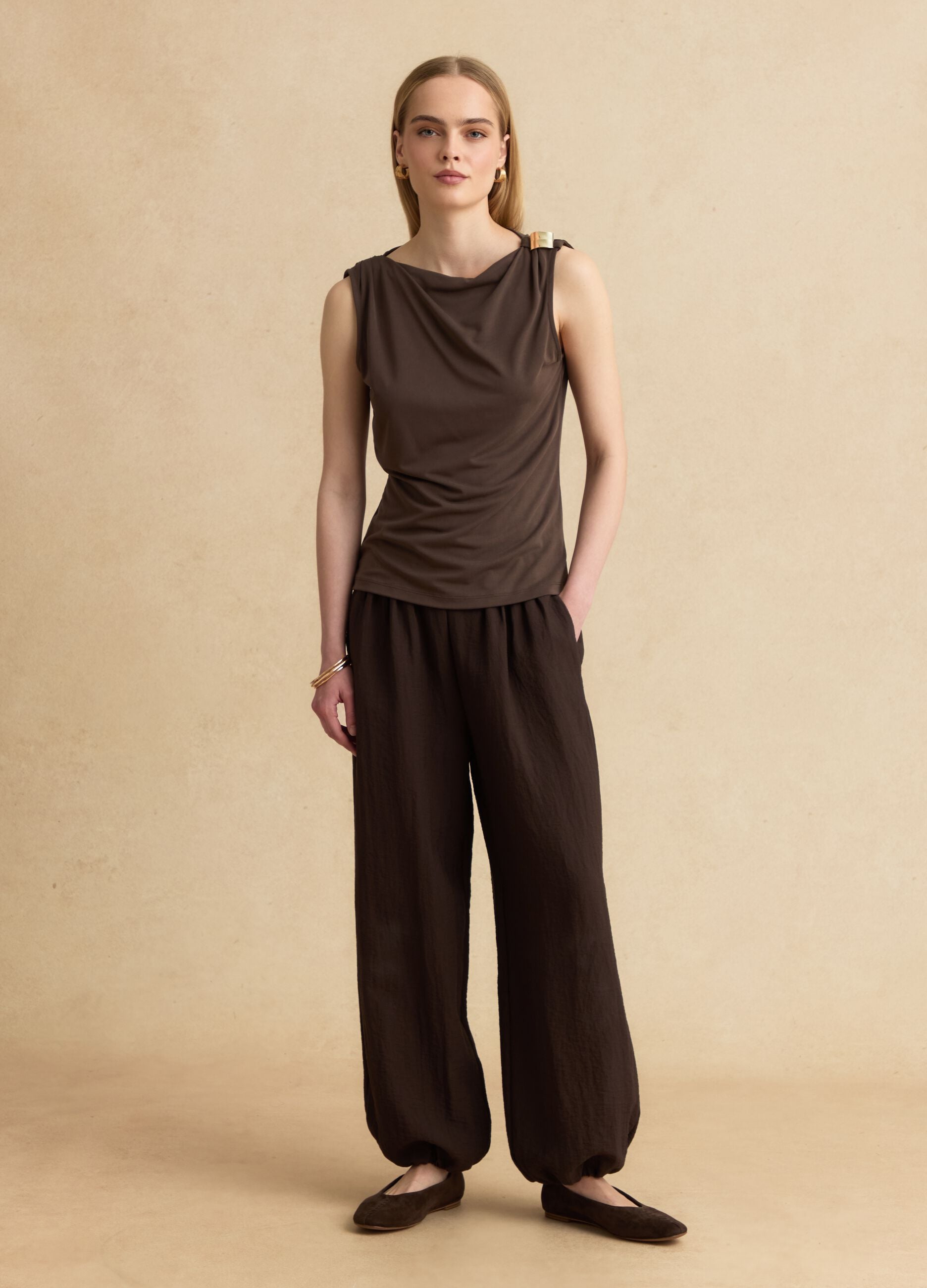 Brown sleeveless viscose-blend top with jewel detail