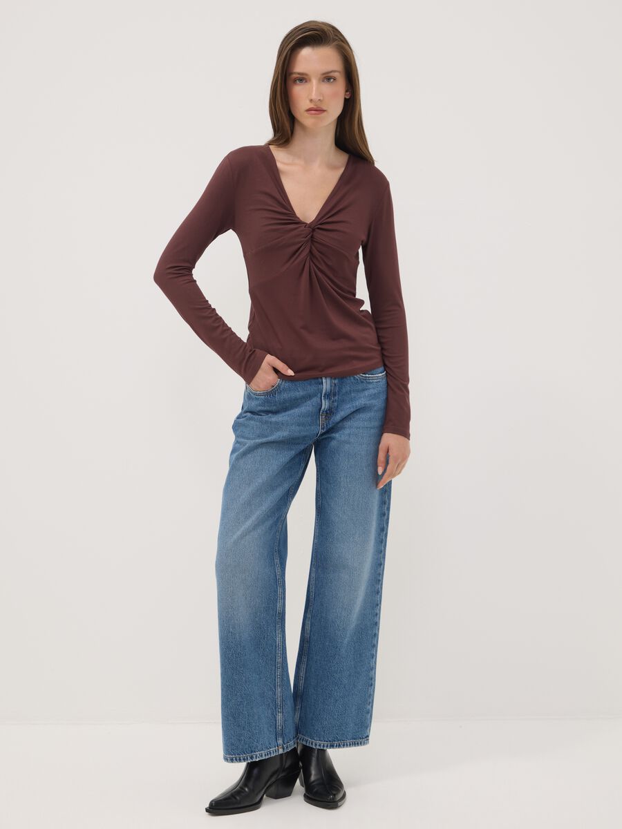 Brown stretch viscose slim-fit T-shirt with front ruching_1