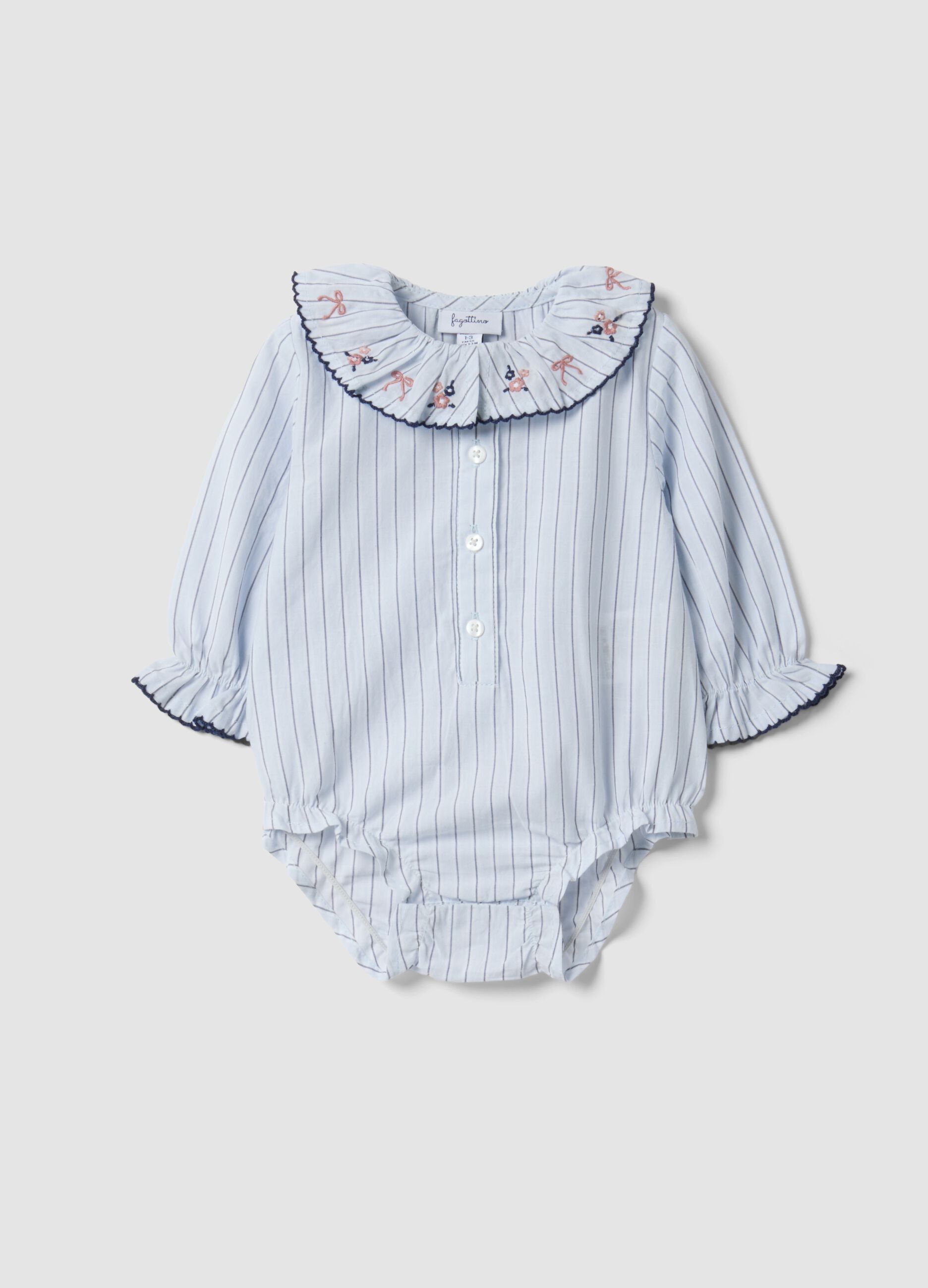 White pure cotton baby girl bodysuit with ruffle collar
