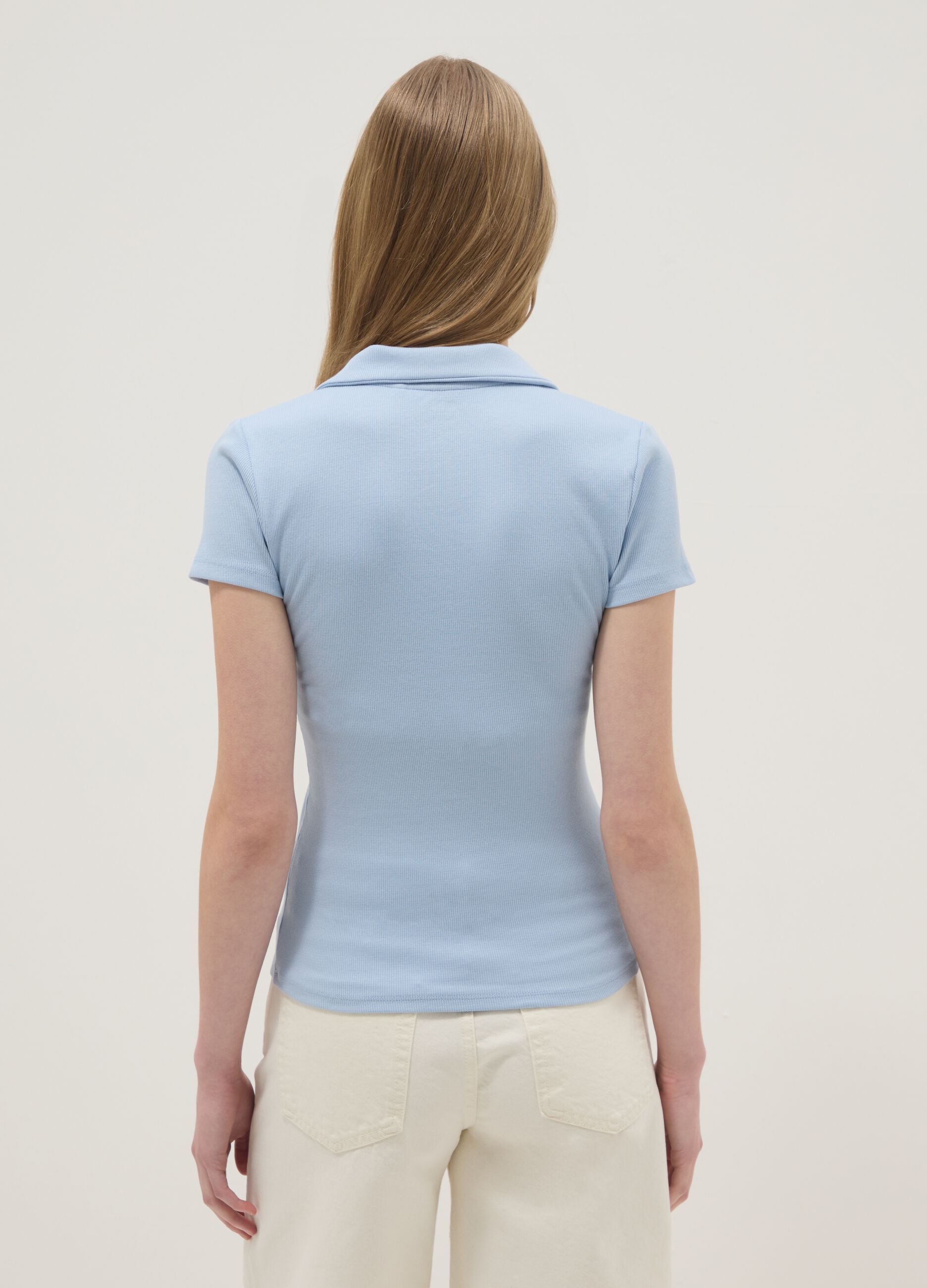 Sky Blue Stretch Cotton Polo Regular Fit Deep V-Neck