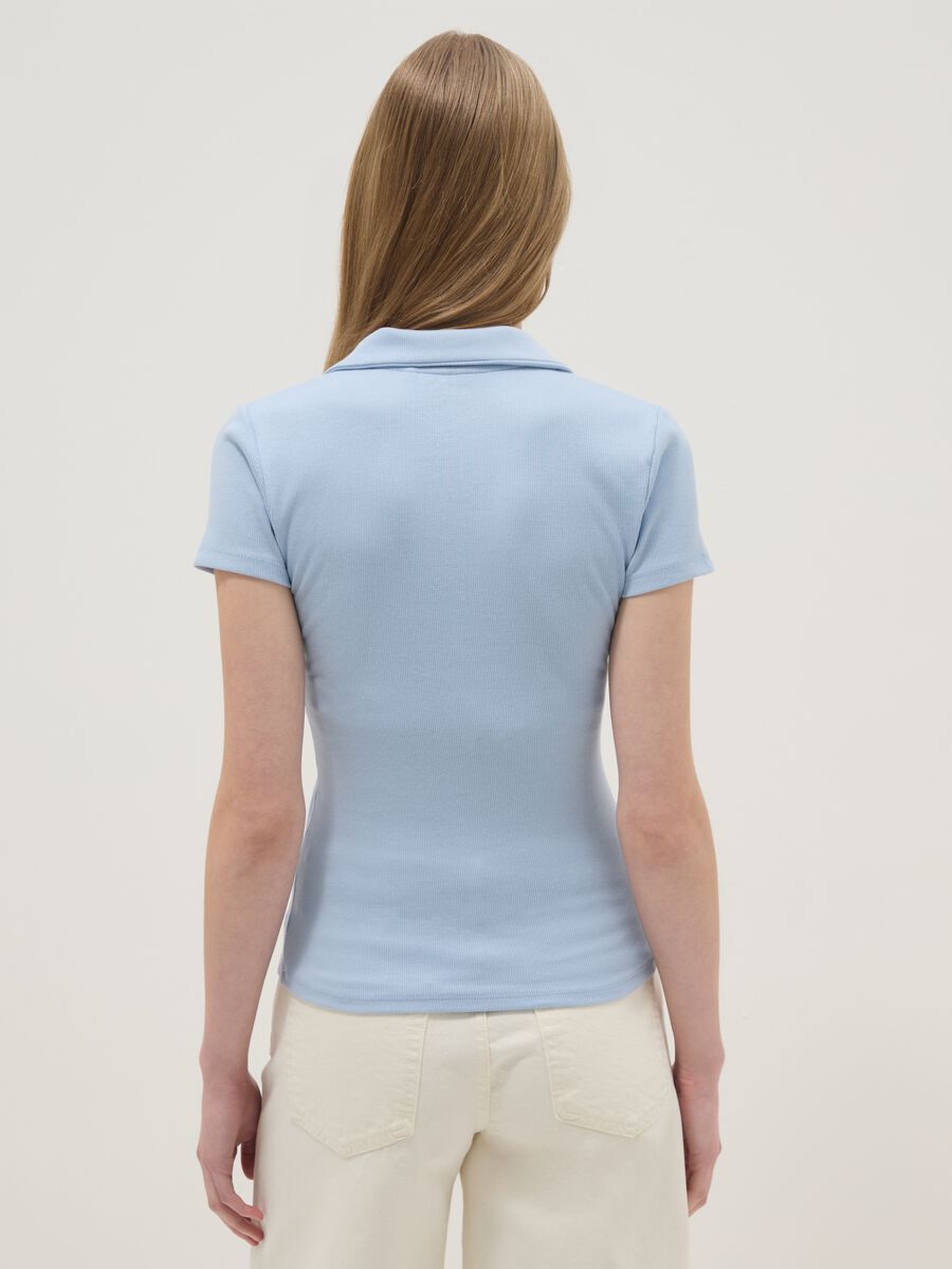 Sky Blue Stretch Cotton Polo Regular Fit Deep V-Neck_3