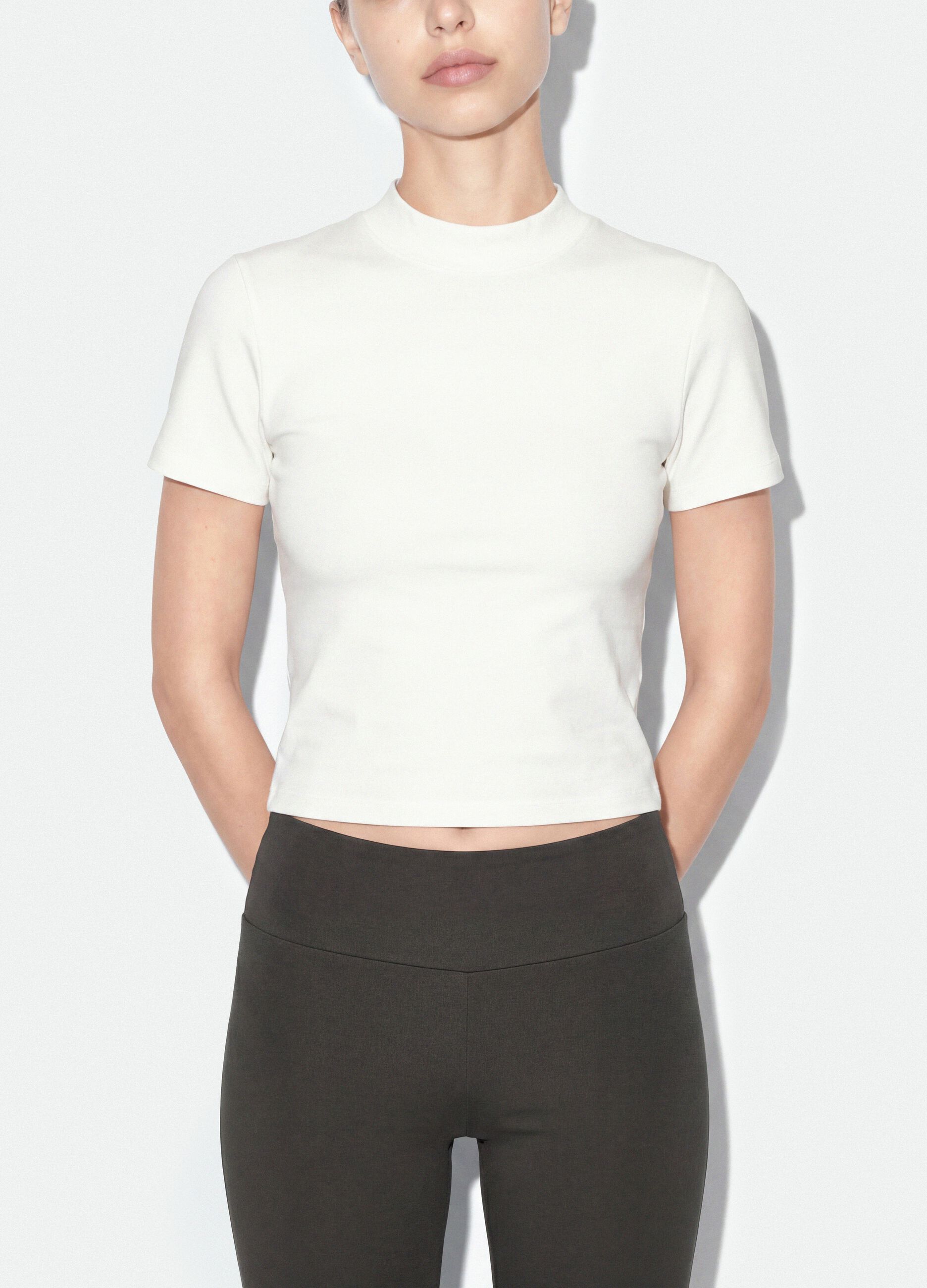 White fitted stretch-cotton T-shirt with high neck