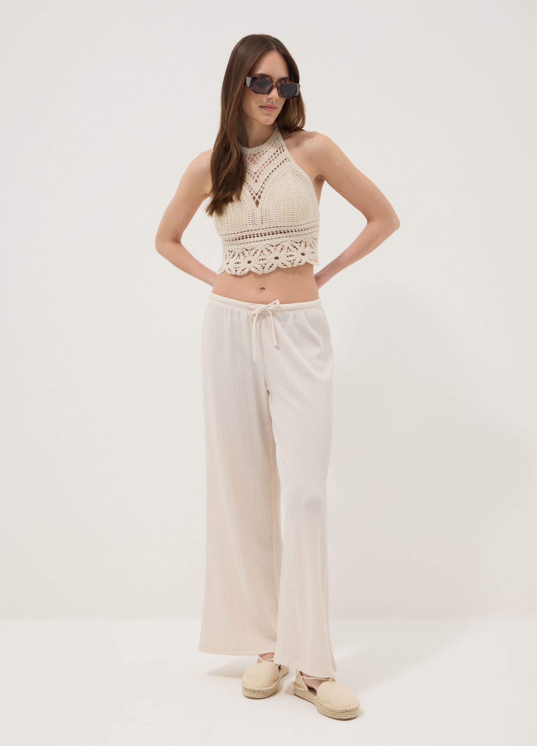 Beige crochet crop tank top in cotton blend, regular fit